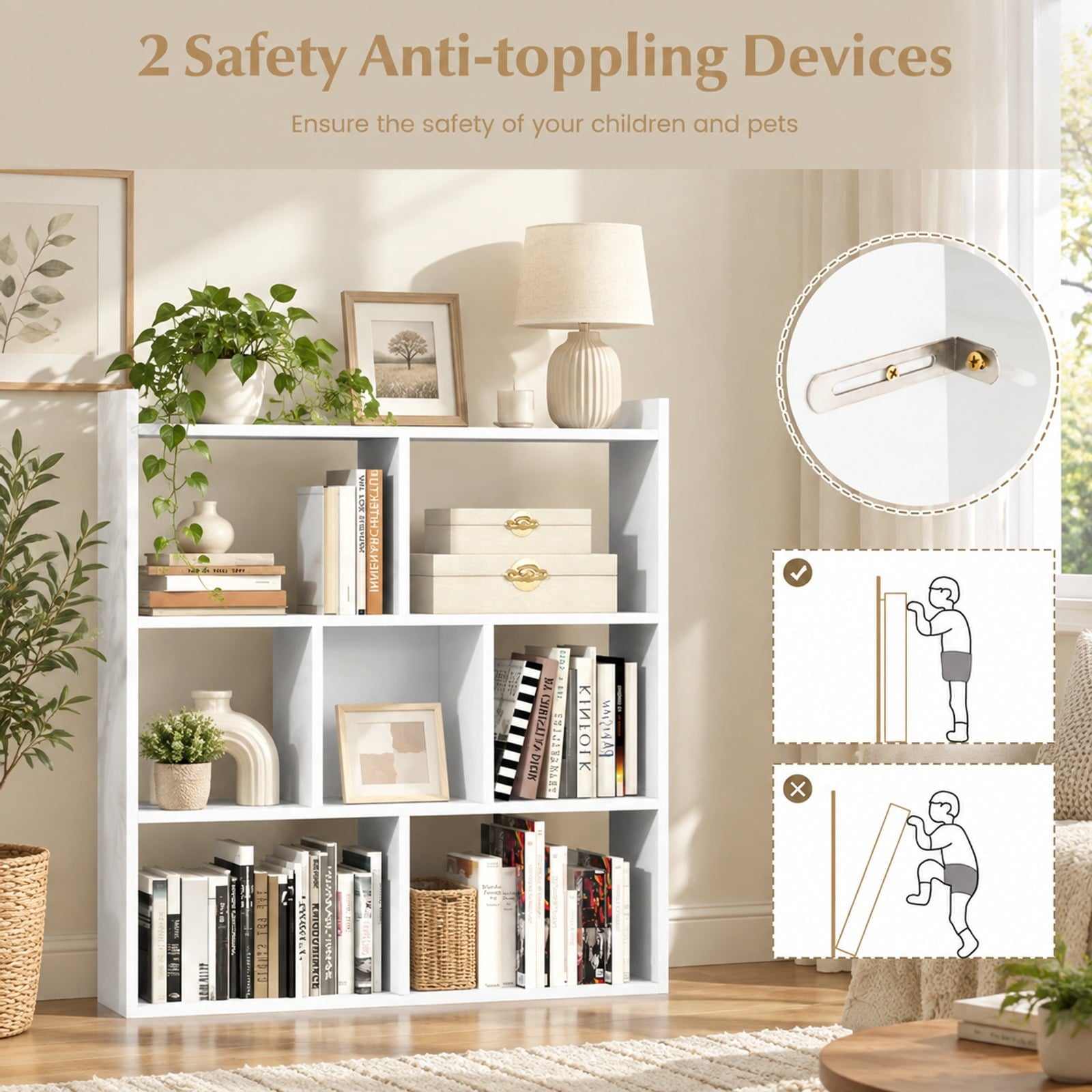 Fenbeli 7 Cubes Open-back Bookshelf with Anti-Toppling Devices, 88 lbs Capacity, 31.5 x 8 x 35.5 Footprint, White