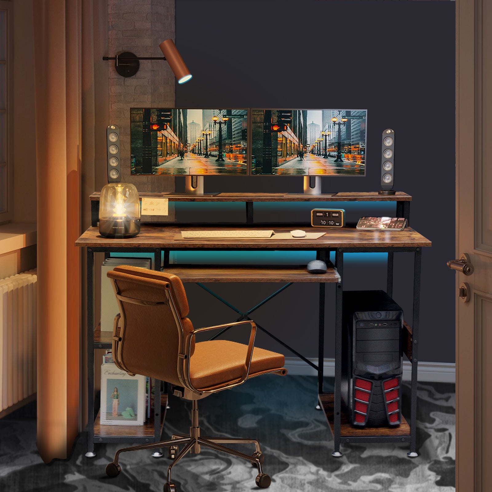 Furnibear Computer Desk 47 Home Office Desk Study Writing Table with Monitor Stand Storage Shelf, Brown