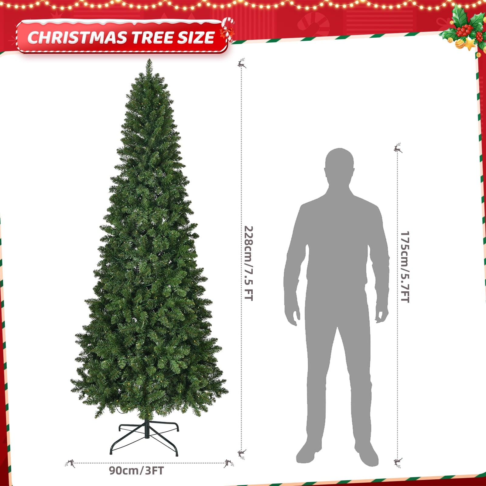 Fenbeli 7.5ft Pre-Lit Christmas Tree w/ 1075 Branches, 350 Warm White Lights