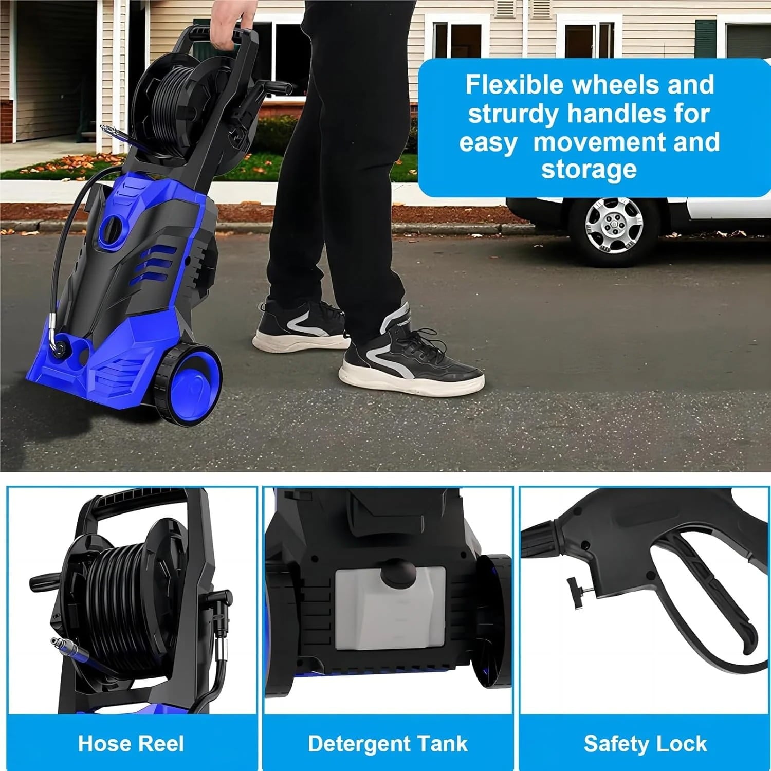 Electric Pressure Washer, 3800PSI 2.6 GPM Power Washer Machine with Hose Reel,4 Quick Connect Nozzles, Foam Cannon, for Cars, Patios, and Floor Cleaning,Blue