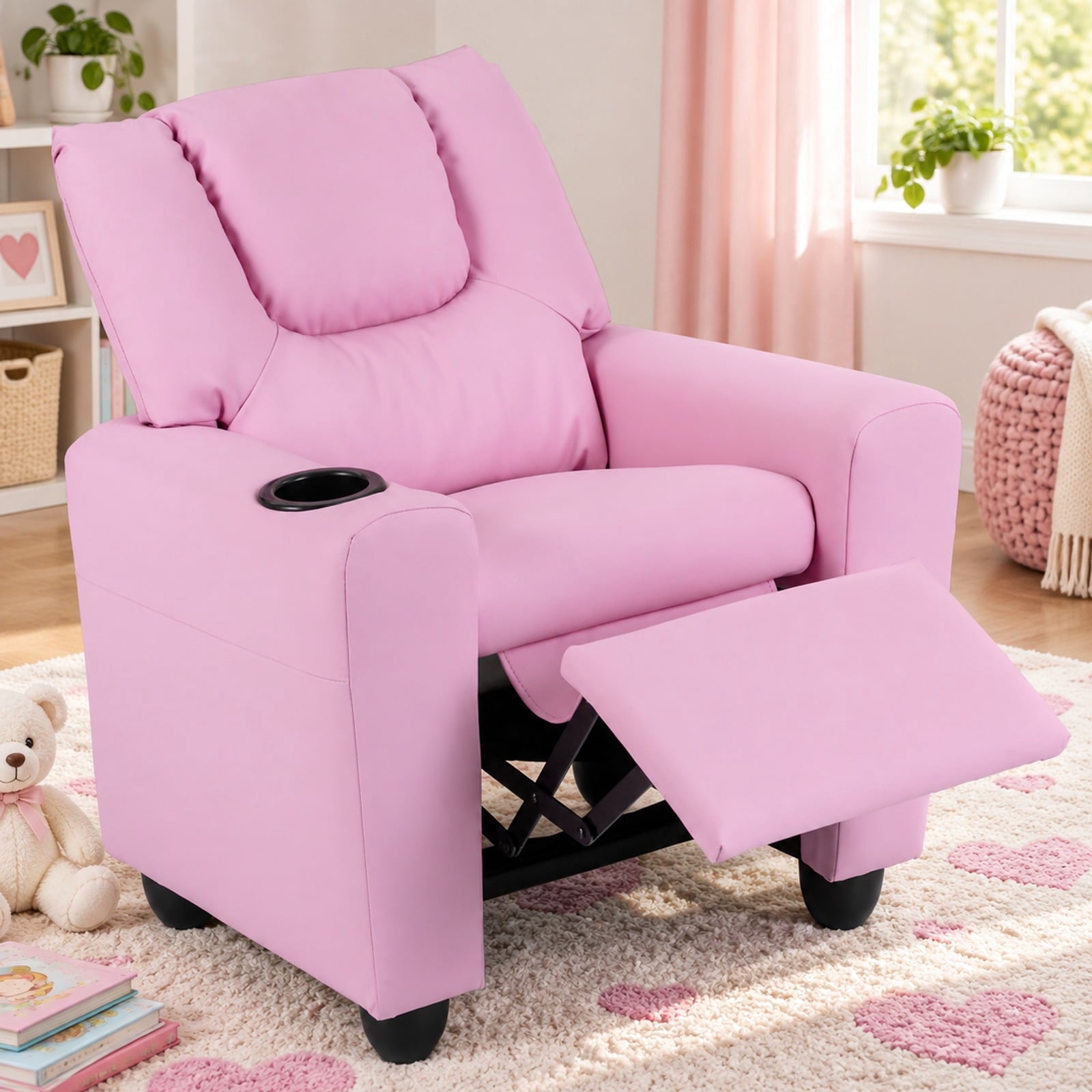 Fenbeli Kids Recliner Chair Push Back Toddler Reclining Armchair with Cup Holder, 150 lbs Capacity, Wood Frame, for 3+ years old, Pink