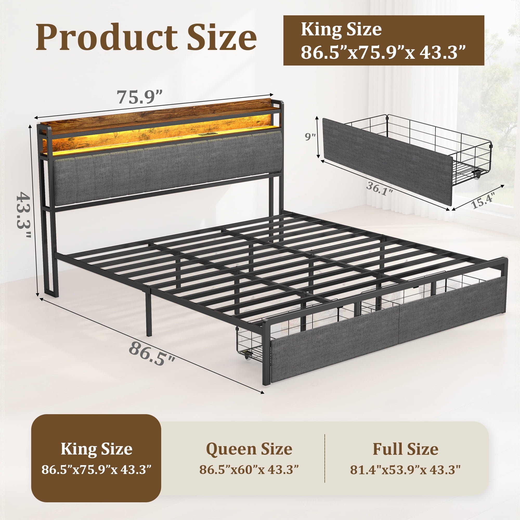 Furnibear LED King Bed Frame with Upholstered Storage Headboard and Drawers, LED Platform Bed with Charging Station, No Box Spring Needed