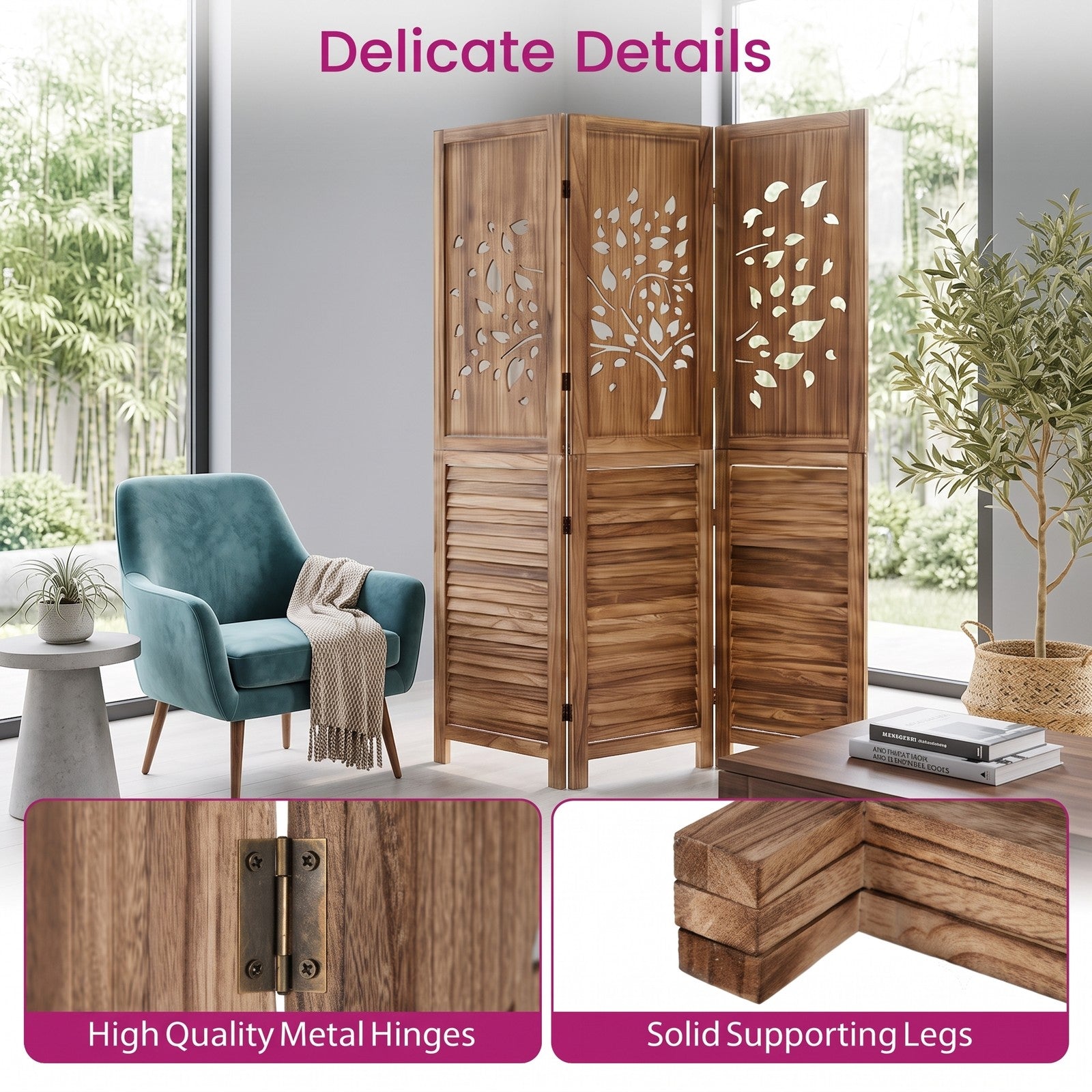 Fenbeli 67 Inch Folding Room Divider 3 Panel Freestanding Privacy Screen with Tree Cutout and Louver Design, Paulownia Wood Partition for, White and Rustic Brown