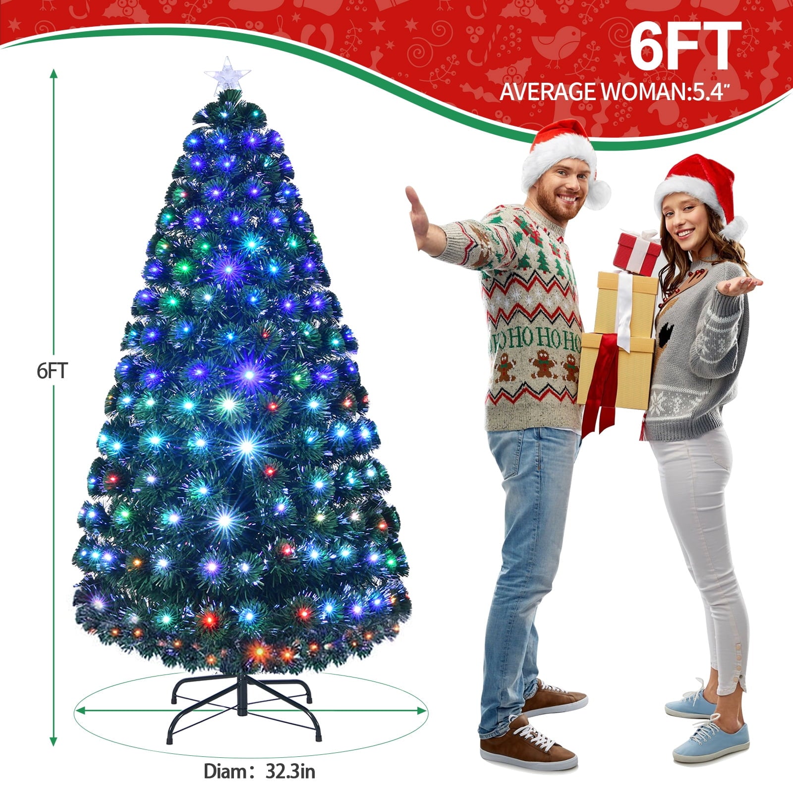 Fenbeli 7ft Pre-Lit Fiber Optic Artificial Christmas Tree, Xmas Tree w/285 Colorful LED Lights, 280 Branch Tips
