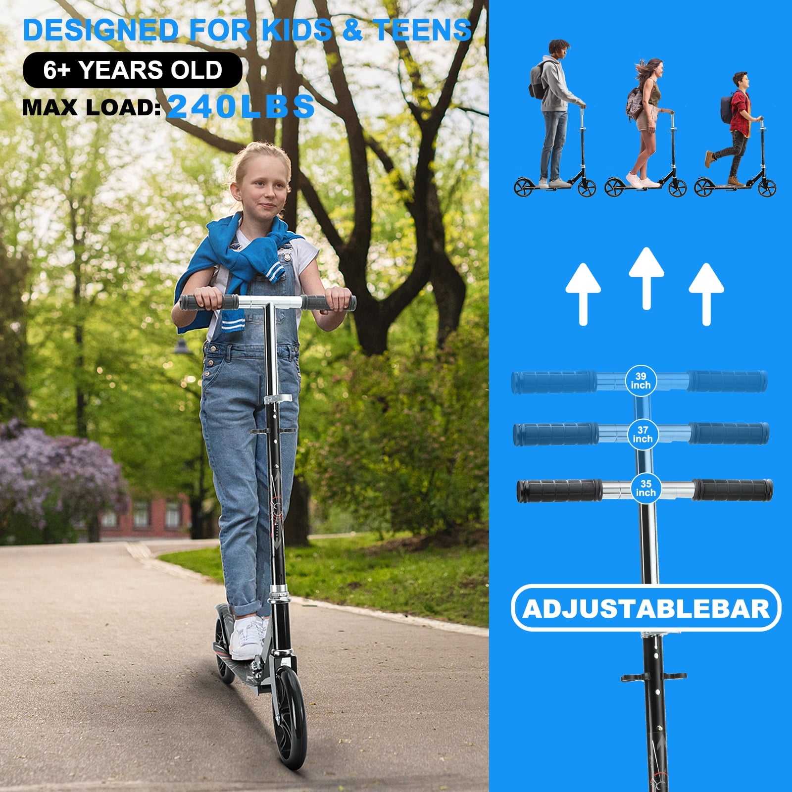 Folding Scooter for up to 240 lbs, Height Adjustable