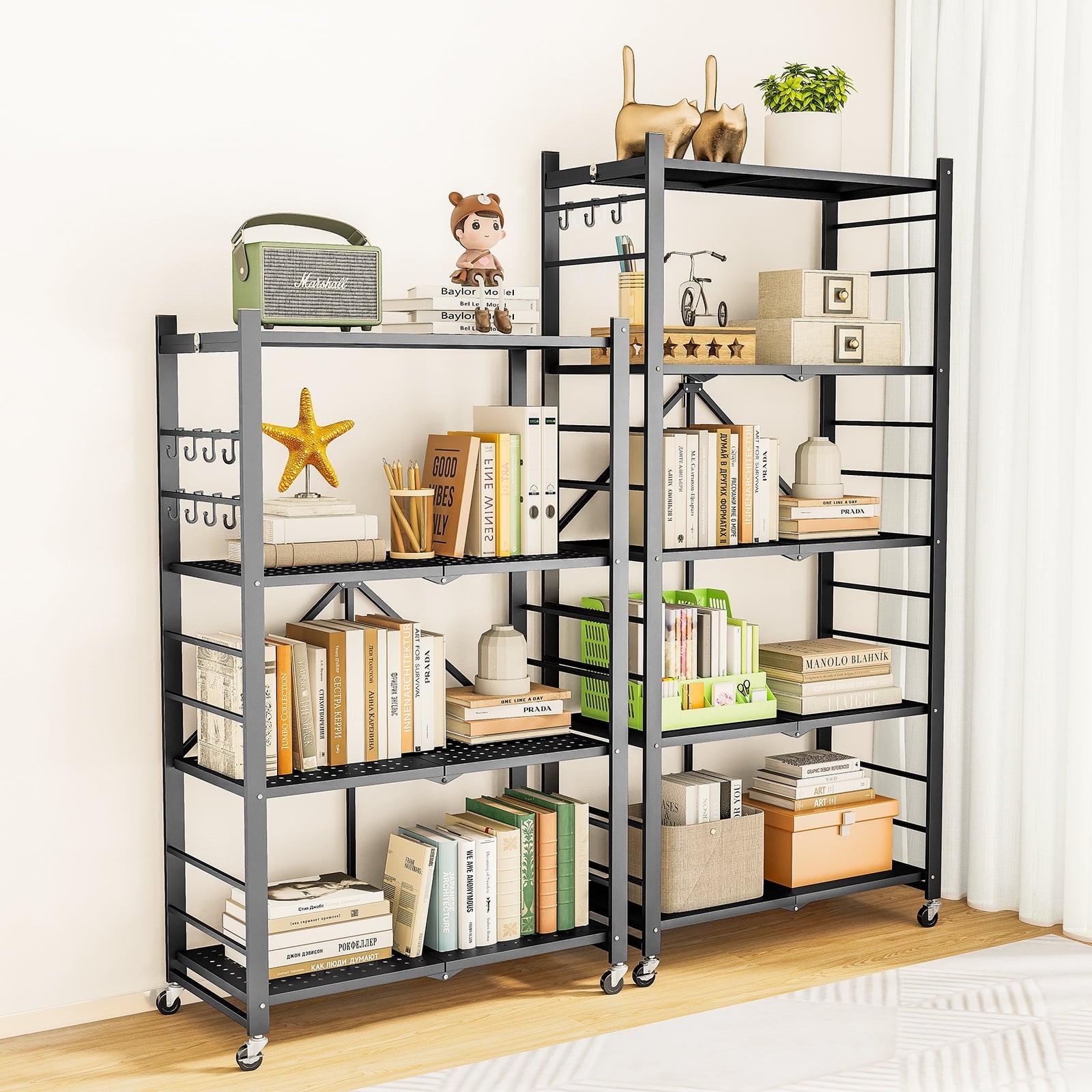 Fenbeli Storage Shelves,4-Tier Foldable Metal Wire Storage Shelf with Wheels, Heavy Duty Organizer Rack for Garage, Kitchen, Closet, Black