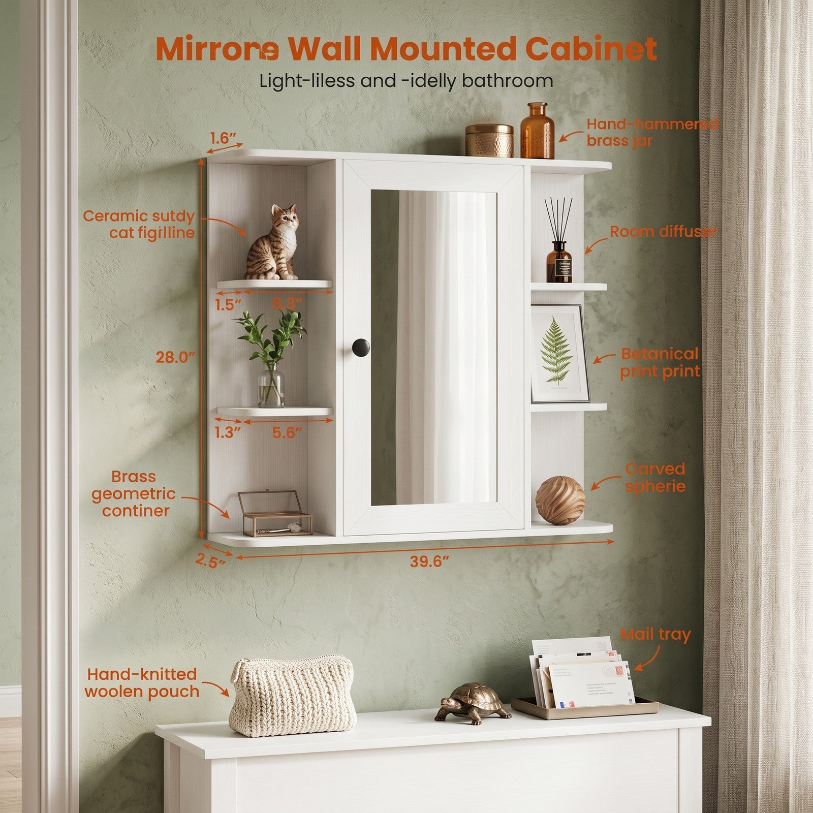 Fenbeli Wall Mounted Bathroom Medicine Cabinet with Mirror and Open Shelves, Wood Storage Organizer with Mirrored Door and Adjustable Compartments for Bathroom, White