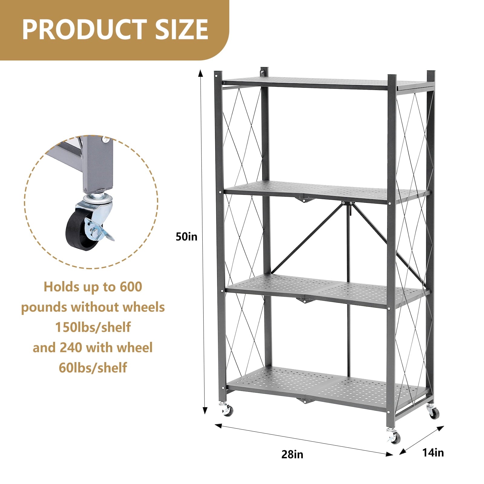 Fenbeli 4-Tier Storage Shelving Unit, Metal Shelf, Foldable Storage Shelf with Wheels, Garage Shelf, Metal Storage Rack, Kitchen Shelf with 3 Hooks
