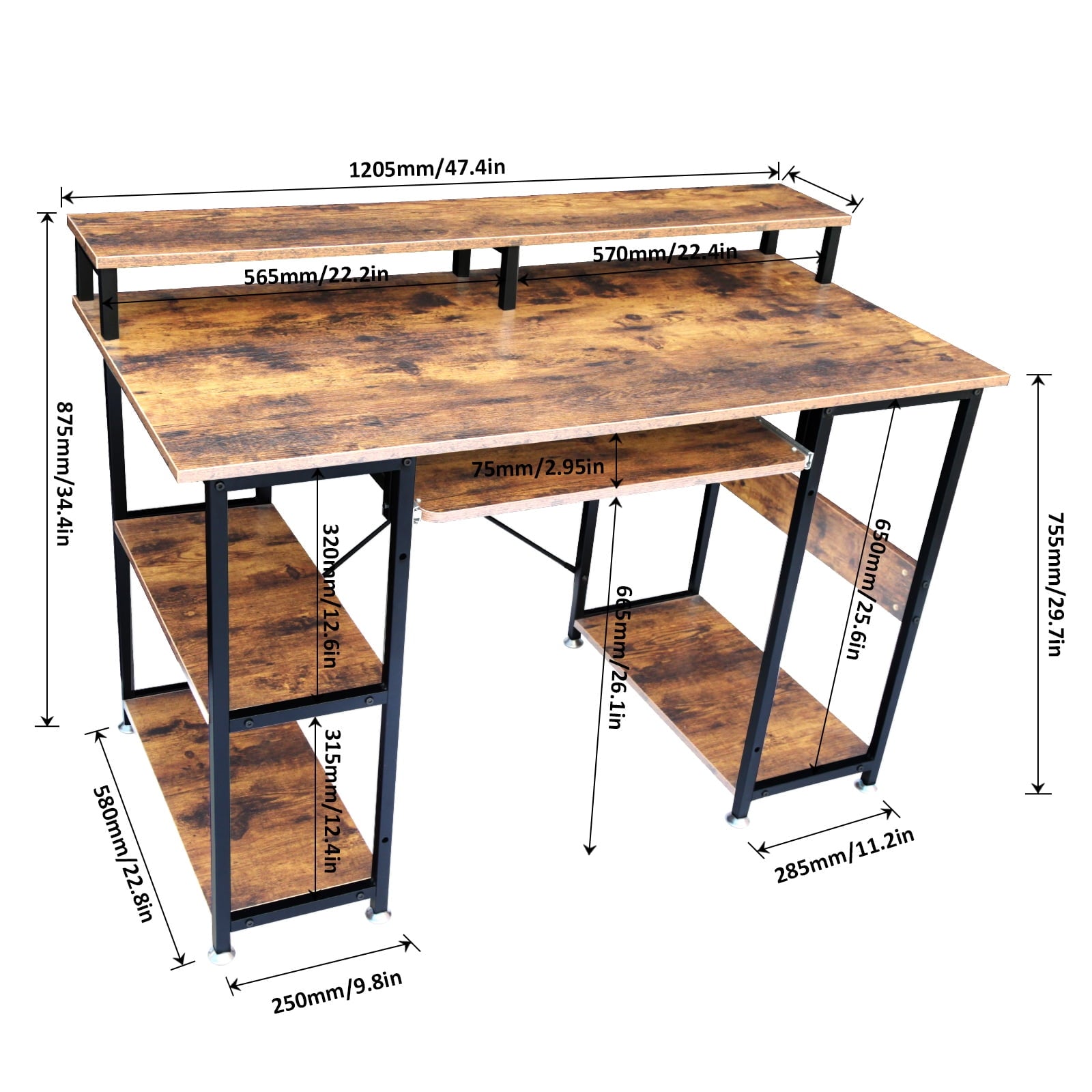Furnibear Computer Desk 47 Home Office Desk Study Writing Table with Monitor Stand Storage Shelf, Brown