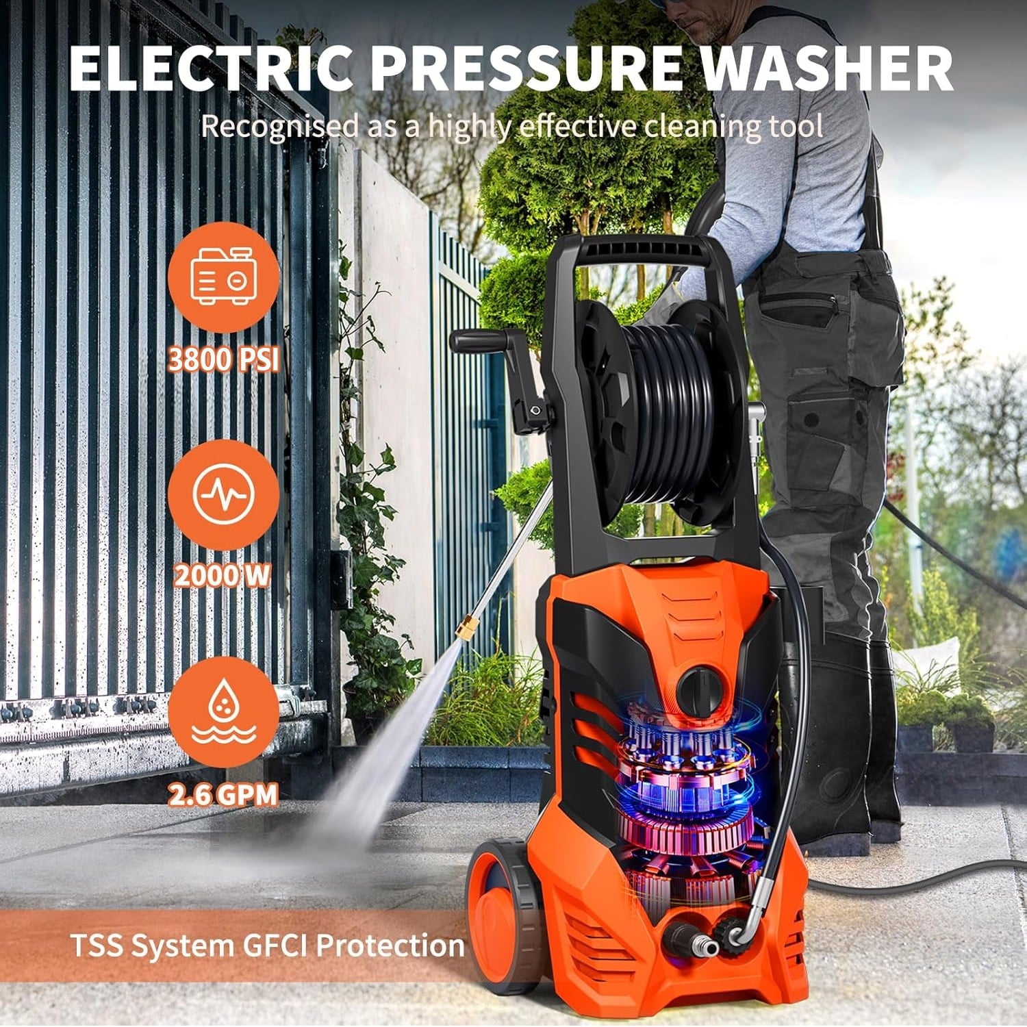 Vebreda 3800 PSI Electric Pressure Washer Lightweight Power Pressure Washer, Great for Cars Washing Fences Patios Driveways
