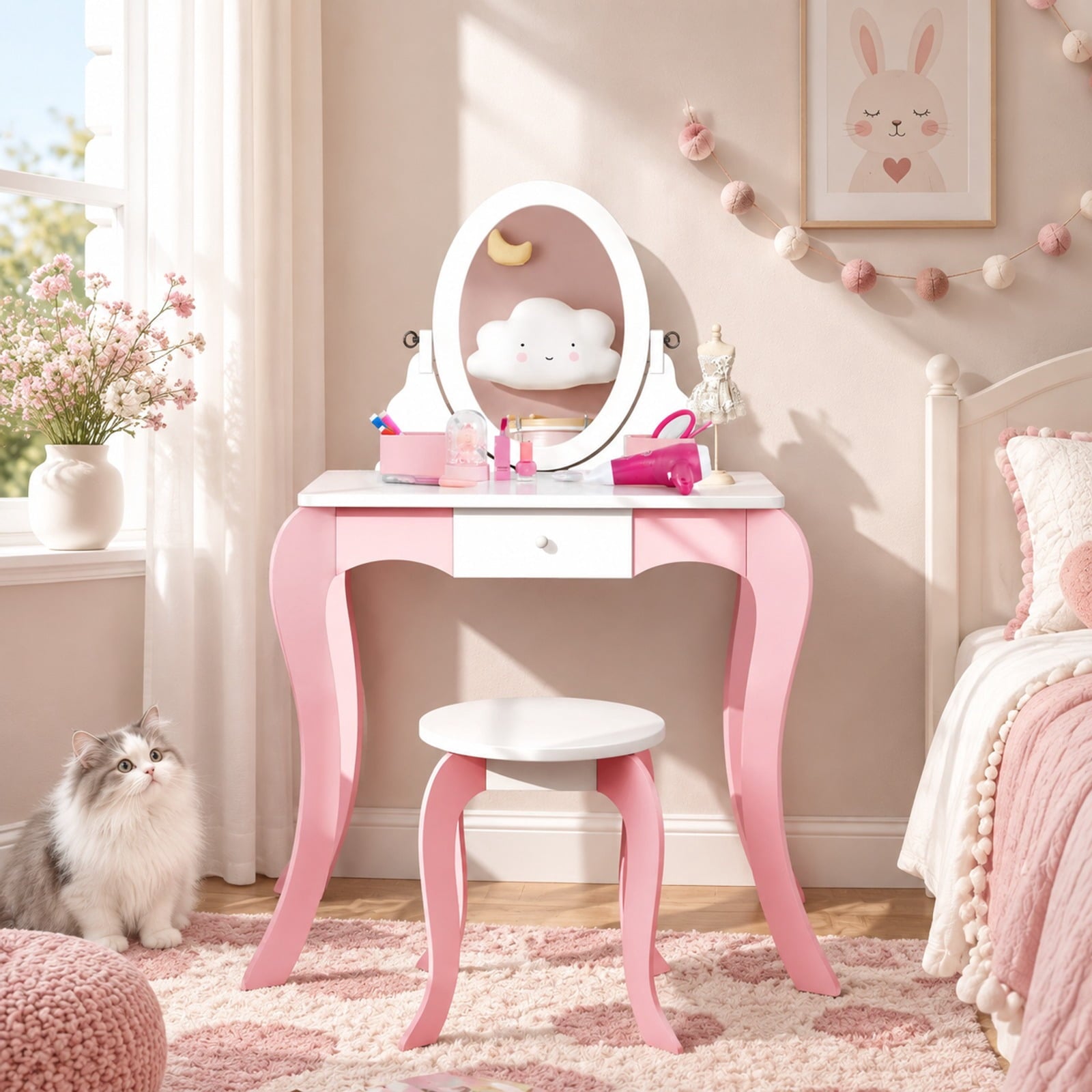 Fenbeli Pretend Kids Vanity Set with 360° Rotatable Mirror and Play Accessories, 66 lbs Capacity, MDF Acrylic Frame, 24 x 13.5 x 40 Footprint