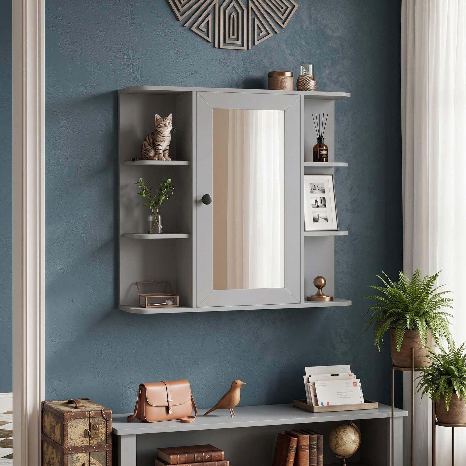 Fenbeli Wall Mounted Bathroom Medicine Cabinet with Mirror and Open Shelves, Wood Storage Organizer with Mirrored Door and Adjustable Compartments for Bathroom, Gray
