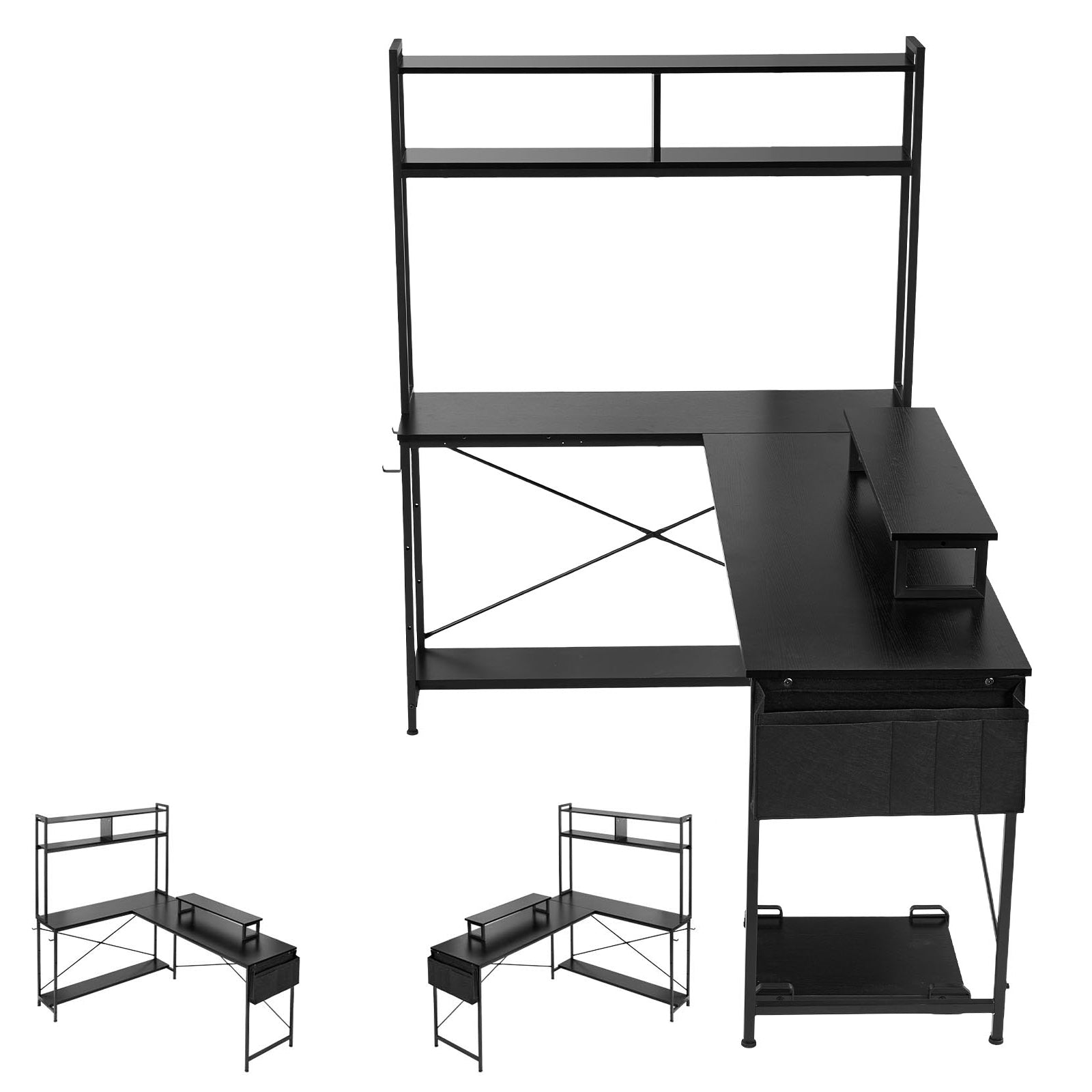 67 in. Reversible L-Shaped Computer Desk with Monitor Stand and Movable CPU Stand, Corner Gaming Desk