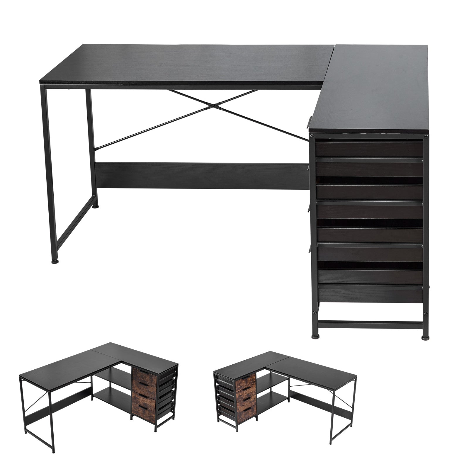 59 in. Reversible L-Shaped Computer Desk with 4 Drawers and Storage Shelves, Corner Gaming Desk