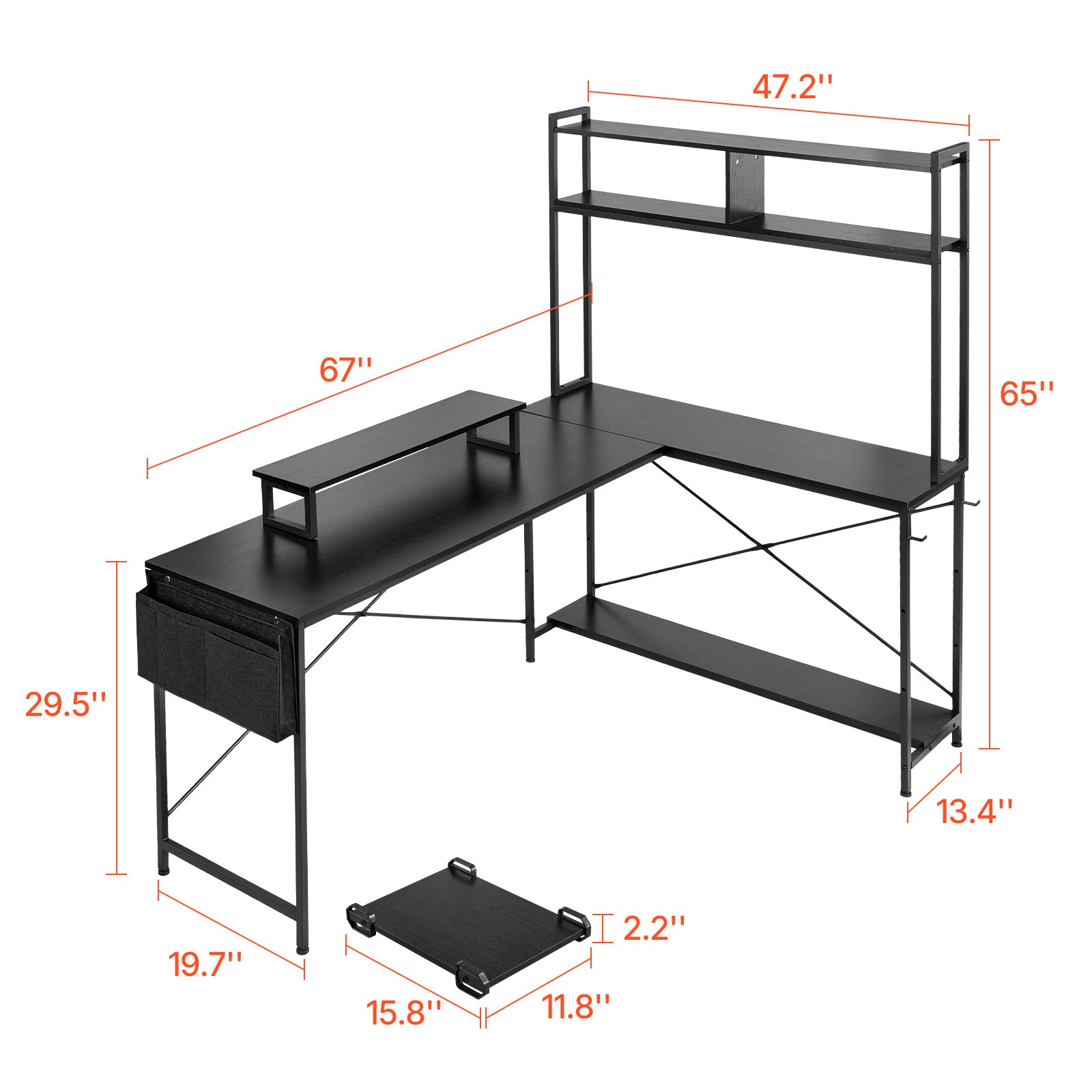 67 in. Reversible L-Shaped Computer Desk with Monitor Stand and Movable CPU Stand, Corner Gaming Desk