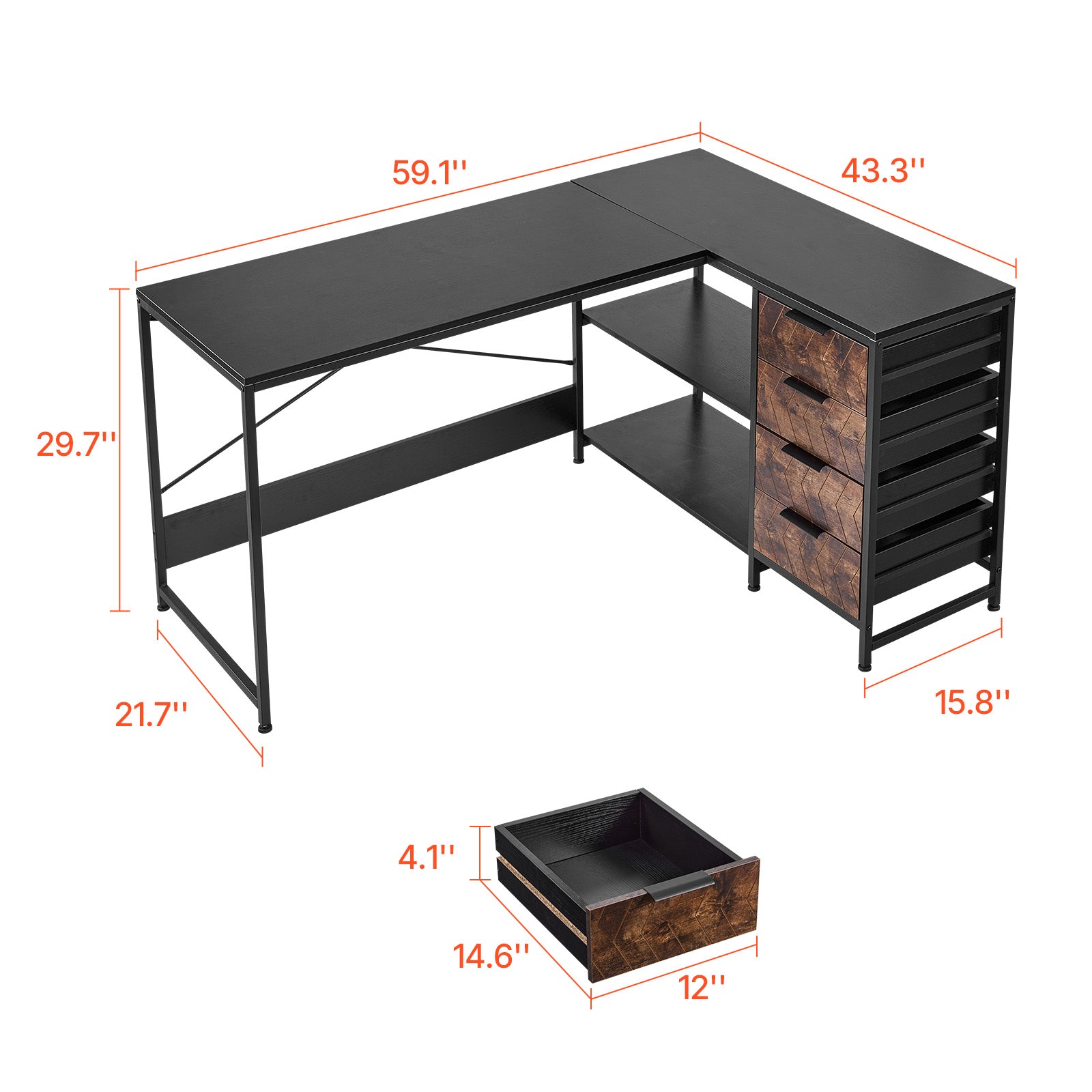 59 in. Reversible L-Shaped Computer Desk with 4 Drawers and Storage Shelves, Corner Gaming Desk