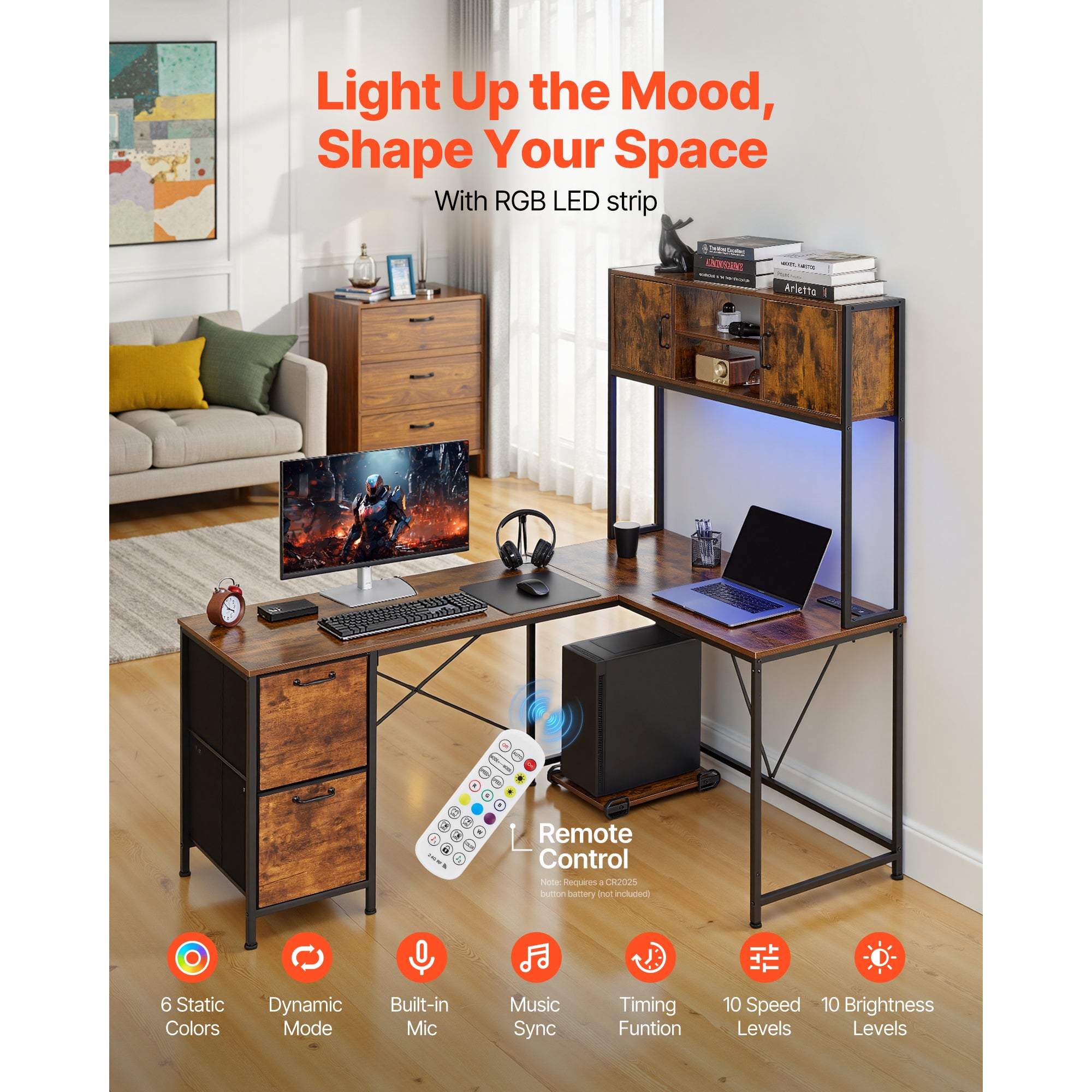 62.2 in. Reversible L-Shaped Gaming Desk with LED Lights, Power Outlets and Movable CPU Stand