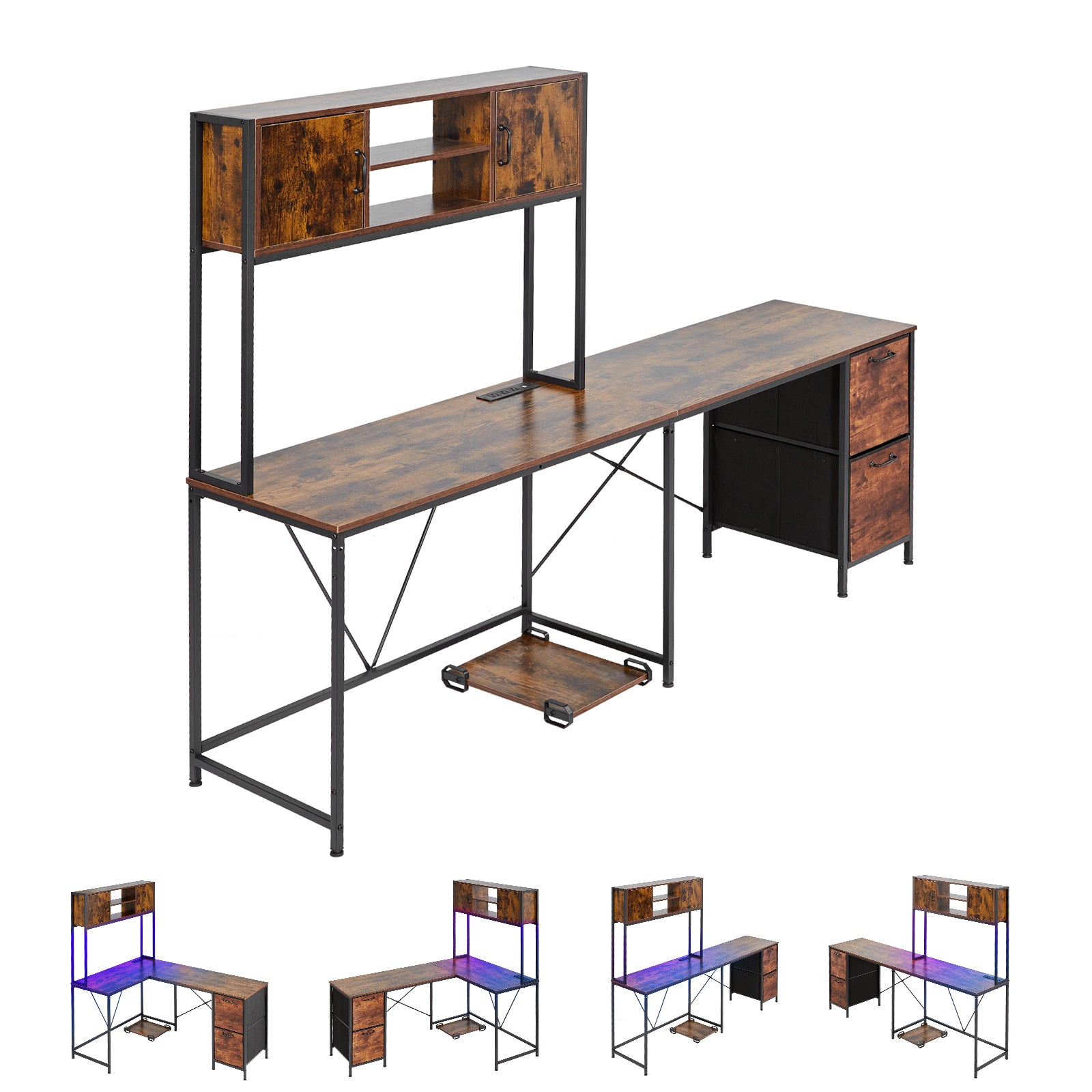 62.2 in. Reversible L-Shaped Gaming Desk with LED Lights, Power Outlets and Movable CPU Stand