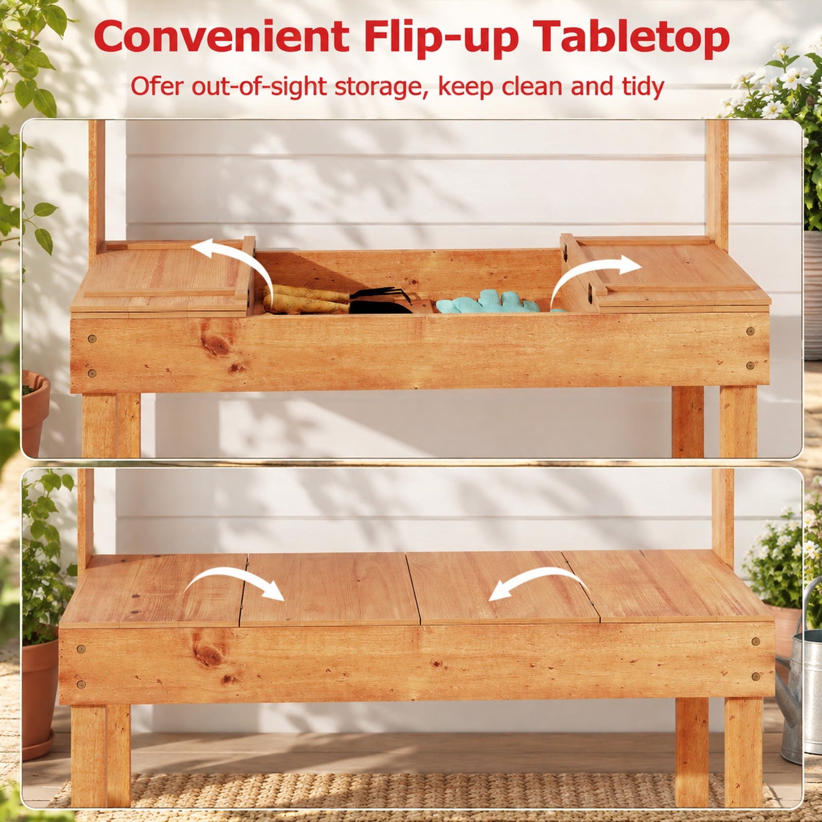 Fenbeli Wooden Potting Bench Table Garden Planting Workstation with 3-Tier Open Shelf, Upper Shelf 22 lbs Capacity, Fir Wood Frame, Brown