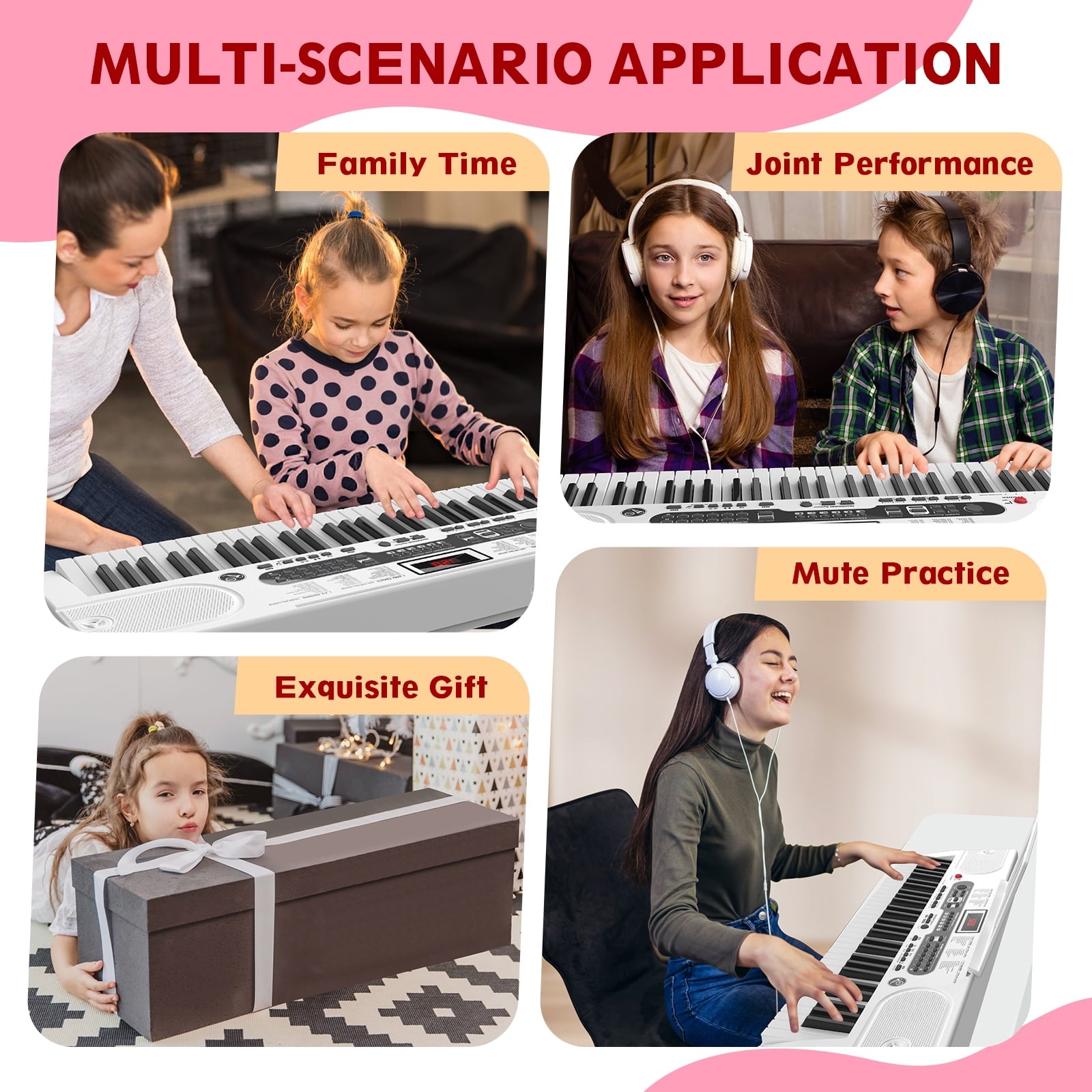 Fenbeli 61 Key Piano Keyboard with Lighted Keys Electric Keyboard Kit with Stand, Bench, Headphones, Built-in Speakers, White