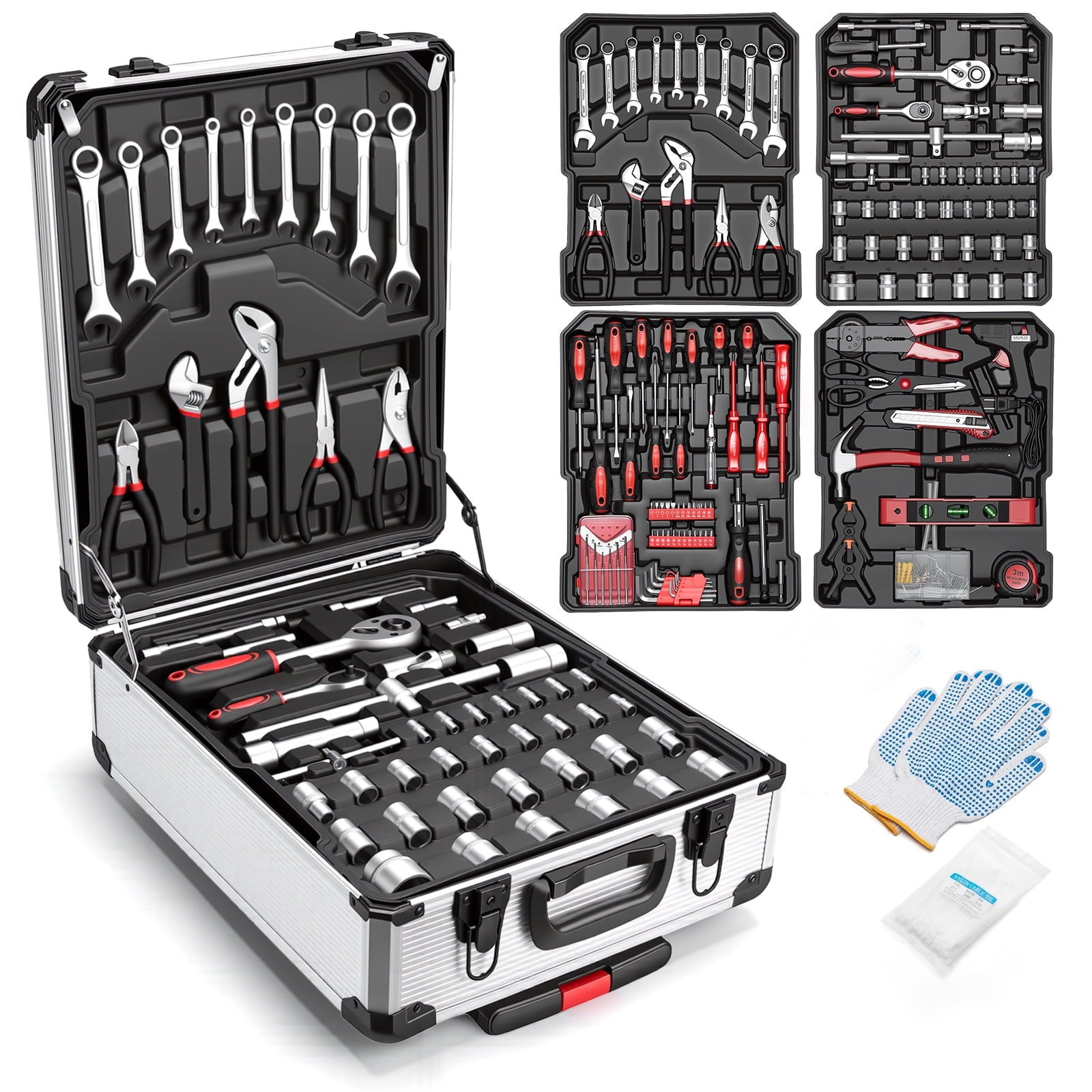 Fenbeli 399 Piece Tool Set, Professional Chrome Vanadium Steel Tool Kit with Aluminum Trolley Case and Wheels, Home Auto Repair Mechanic Tool Box,Silver