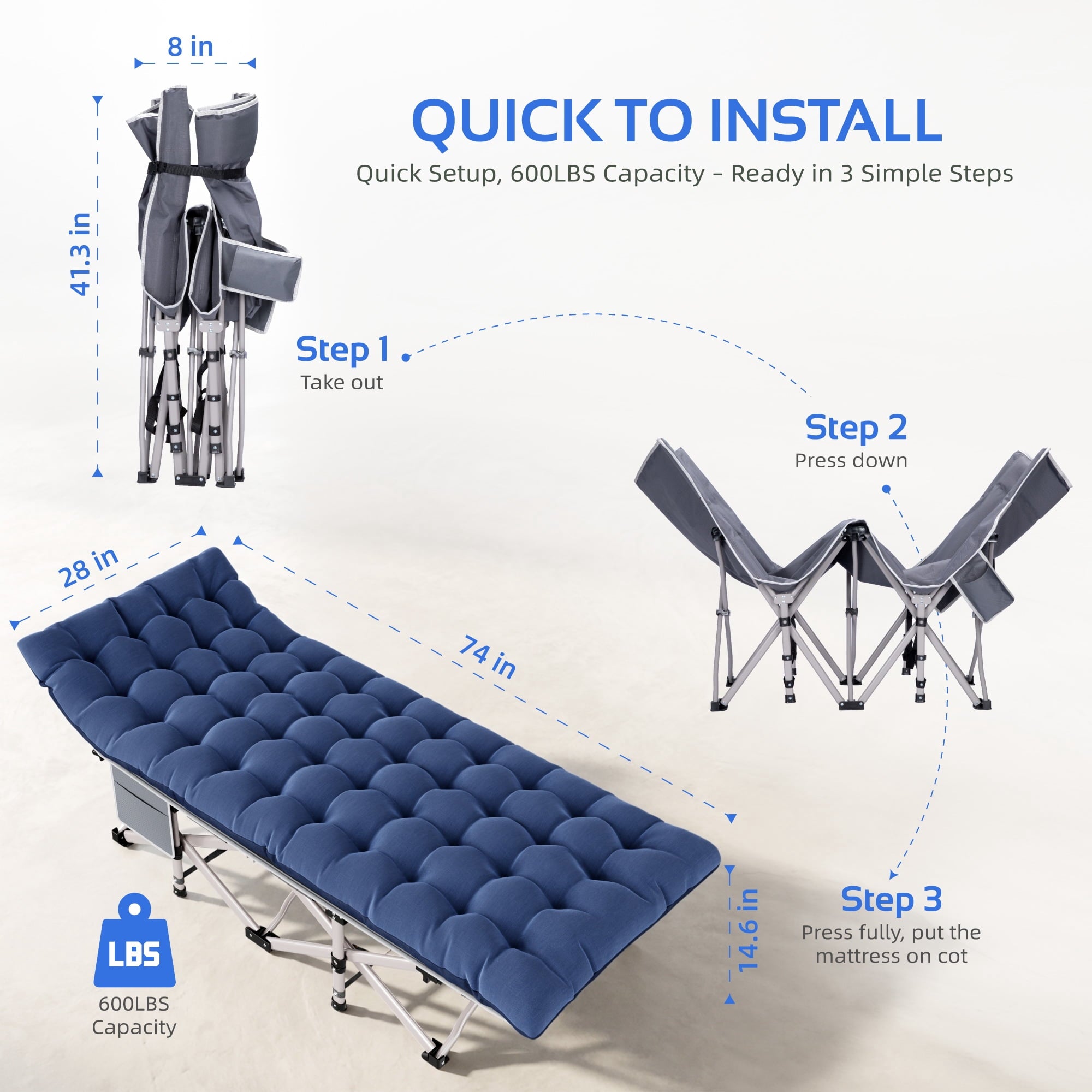 Fenbeli Heavy Duty Camping Cot for Adults Folding Sleeping Cot Bed with Mattress, Blue