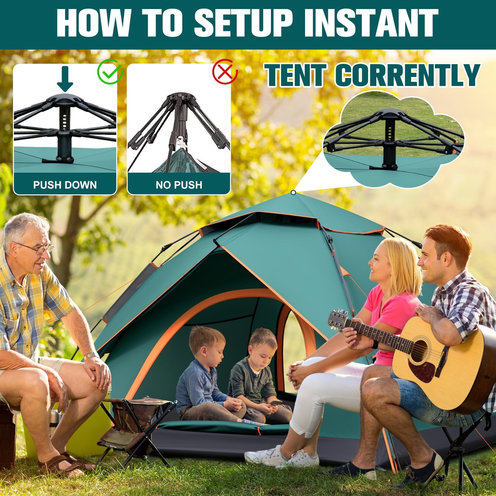 Fenbeli 4 Person 2-in-1 Instant Pop-Up Camping Tent with Detachable Rainfly, Waterproof Instant Setup Family Tent with Dual Mesh Doors, Green
