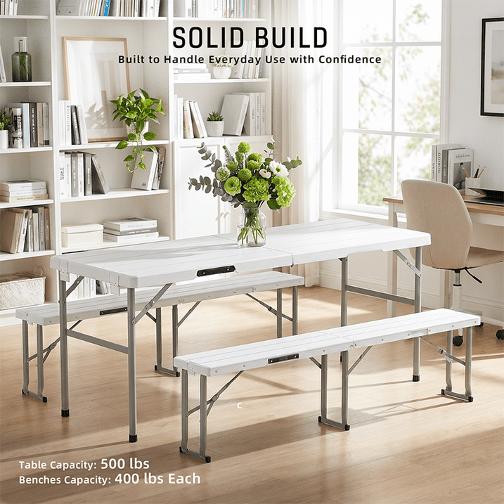 Fenbeli Folding Picnic Table with 2 Benches Portable Picnic Table Set for Camping Outdoor Patio Dining, White