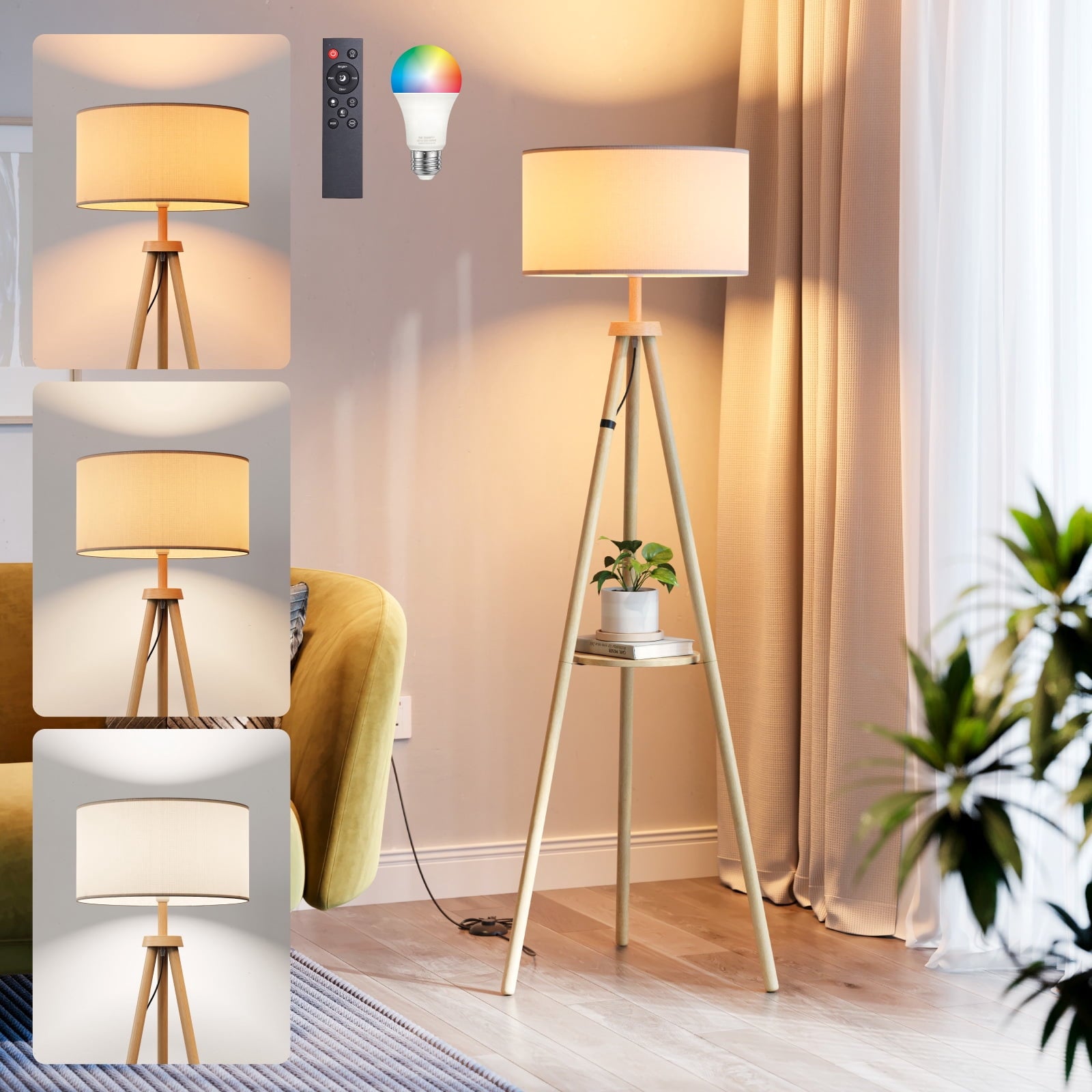 Fenbeli Tripod Floor Lamp with Shelf, 59 Wood Standing Lamp with Remote and APP, Dimmable 3 Color Temperature RGB LED Bulb Included, Linen Shade for Living Room Bedroom, Natural