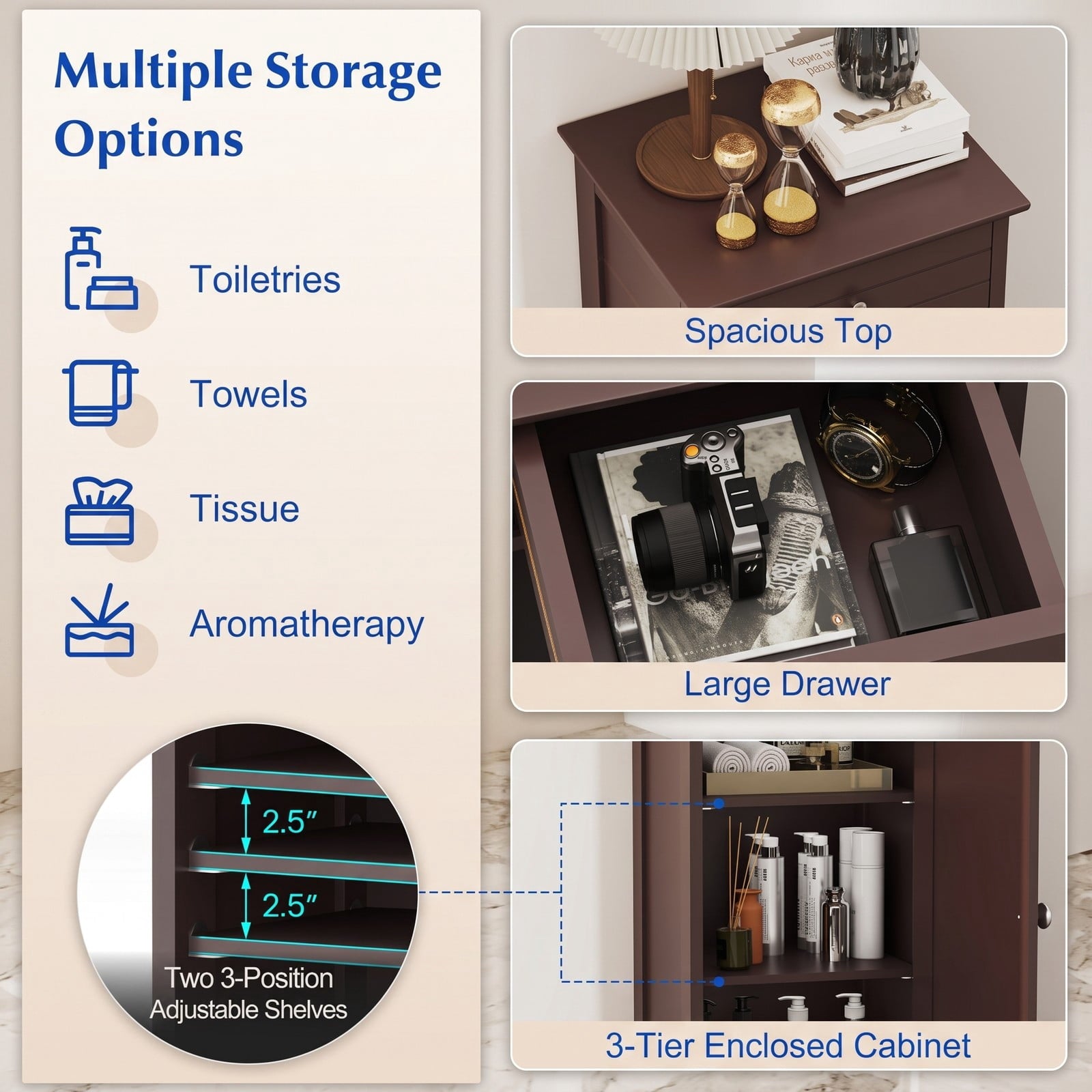 Fenbeli Wooden Floor Storage Cabinet, Free-Standing Bathroom Organizer with Drawer and 2 Adjustable Shelves, Narrow Side Cabinet for Living Room Bedroom, Brown