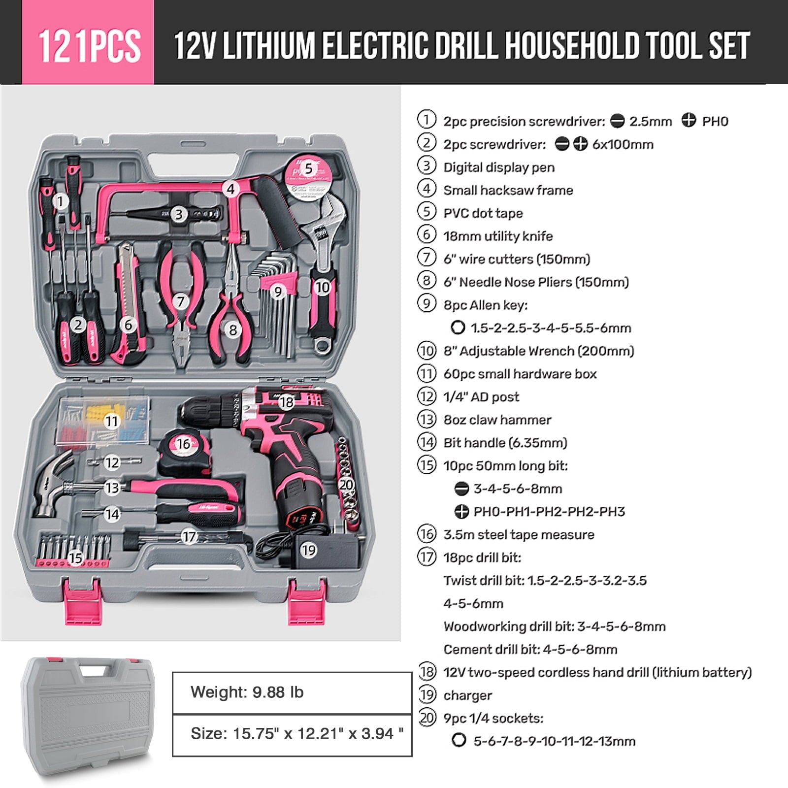 Fenbeli 121-Piece Mechanics Tool Set with Case Cordless Hand Drill Wrenches Professional Tools Kit for Car Repair Pink