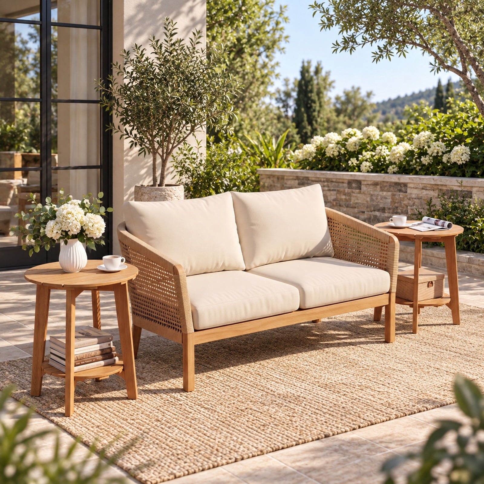 Fenbeli Set of 2 Eucalyptus Wood Side Table 2-Tier with Slatted Tabletop and Storage Shelf for Outdoor, 165 lbs Capacity, Eucalyptus Wood Frame