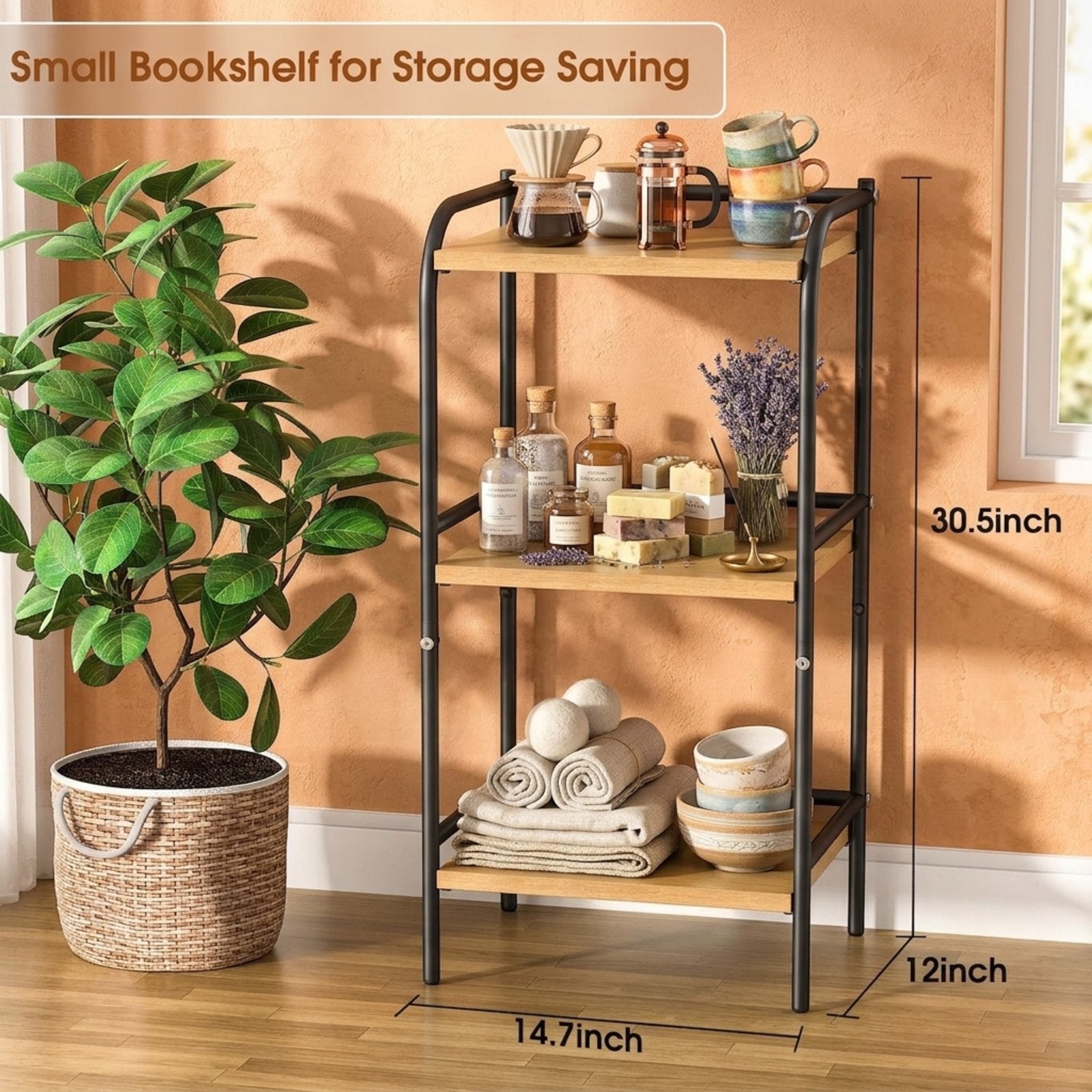 Furnibear 3-Tier Rustic Wood & Metal Bookshelf, Small Office Shelf & Storage Rack for Living Room, Kitchen