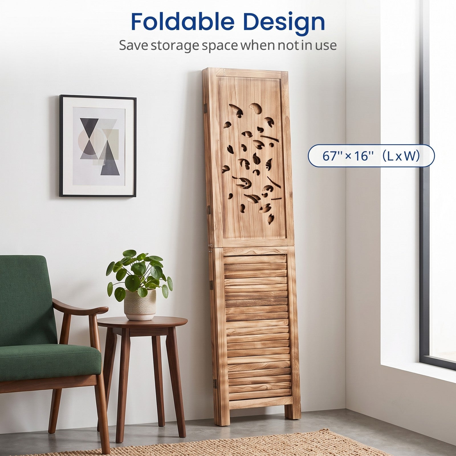 Fenbeli 67 Inch Folding Room Divider 3 Panel Freestanding Privacy Screen with Tree Cutout and Louver Design, Paulownia Wood Partition for, White and Rustic Brown