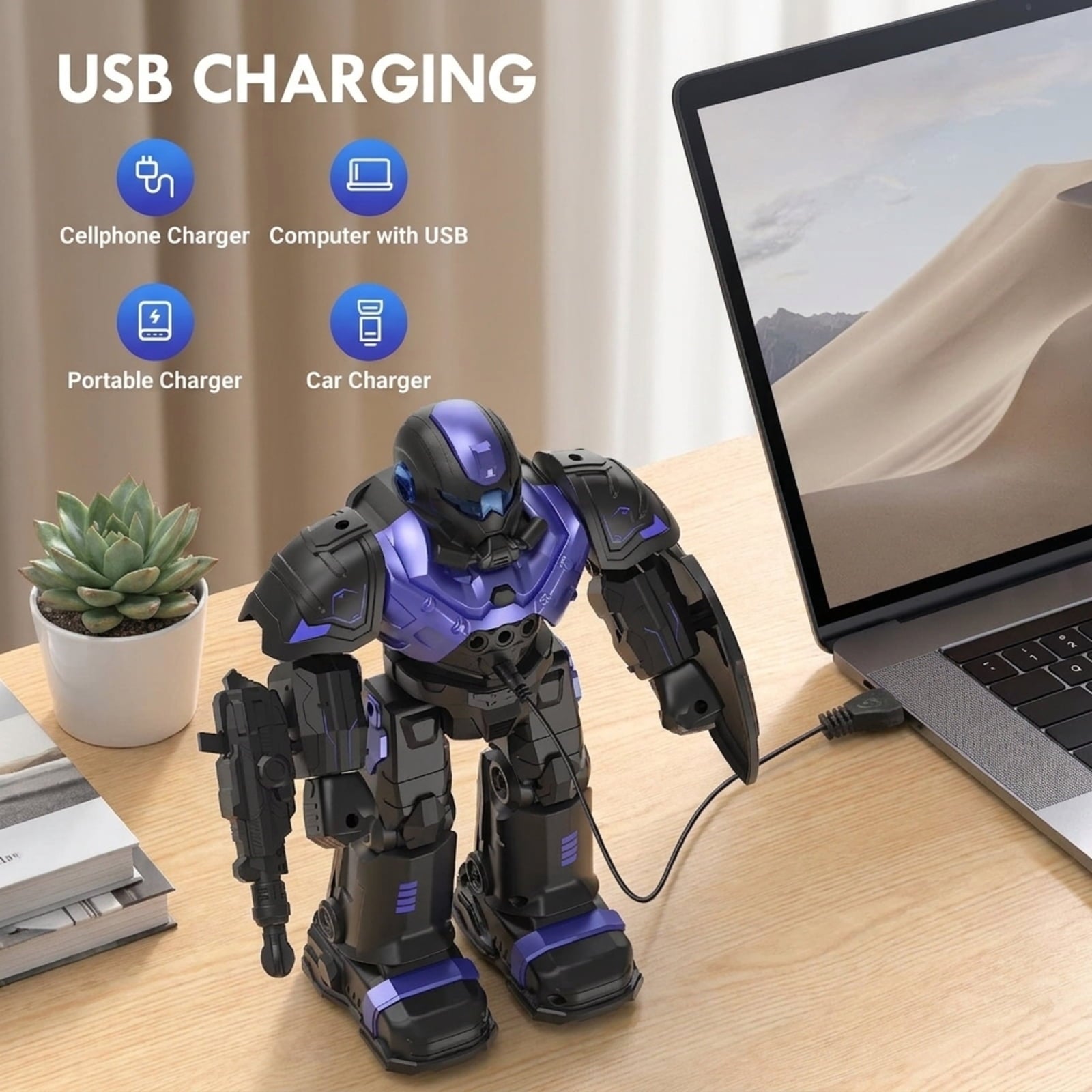 Fenbeli Gesture Sensing Remote Control Robot Toy for Kids, Interactive RC Robot with Dancing, Music, Shooting and Early Learning, Rechargeable Electronic Toy, Purple