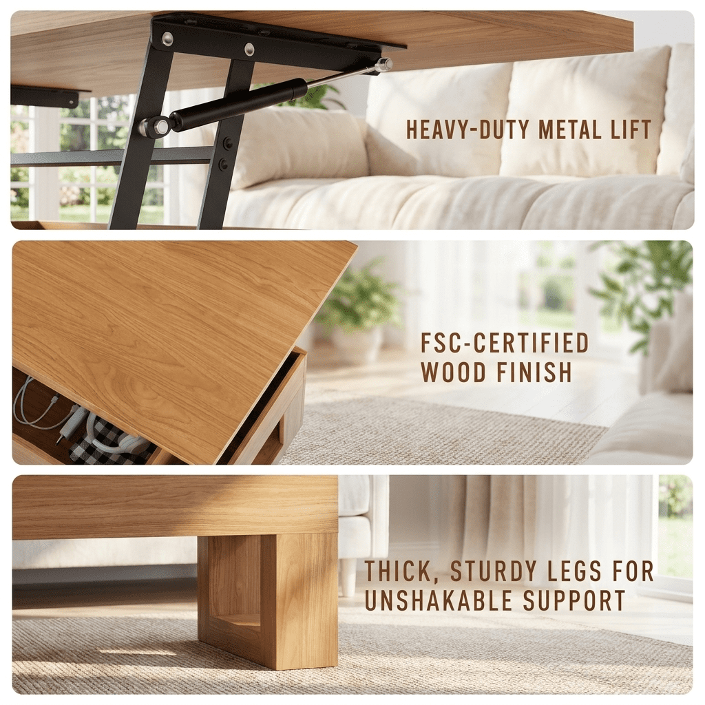 Furnibear Lift Top Coffee Table with Puzzle Tray and Charging Station for Living Room, Brown