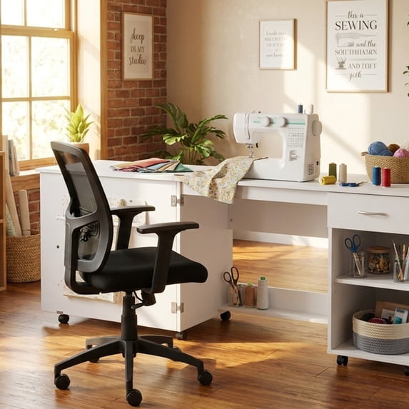 Furnibear Folding Large Sewing Table with Storage, White Computer Desk for Home Office, Bedroom, and Living Room