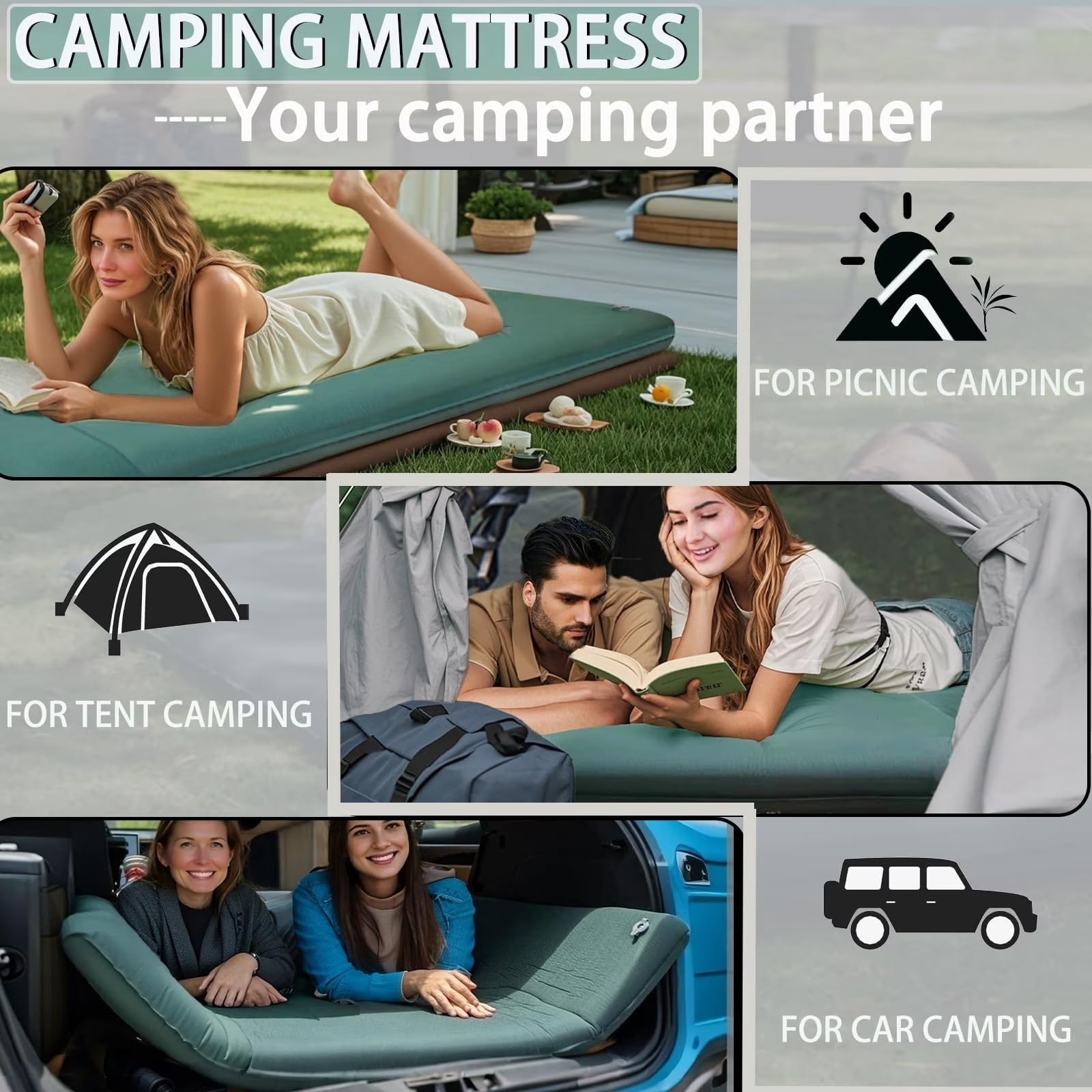 Fenbeli Self-Inflating Sleeping Pad with Pillow,3.2" Thick Memory Foam Camping Mattress, R-Value 9.5 Insulated 4-Season Camp Pad for Tent,Backpacking,Hunting & Hiking,20-Second Quick Inflate, Green