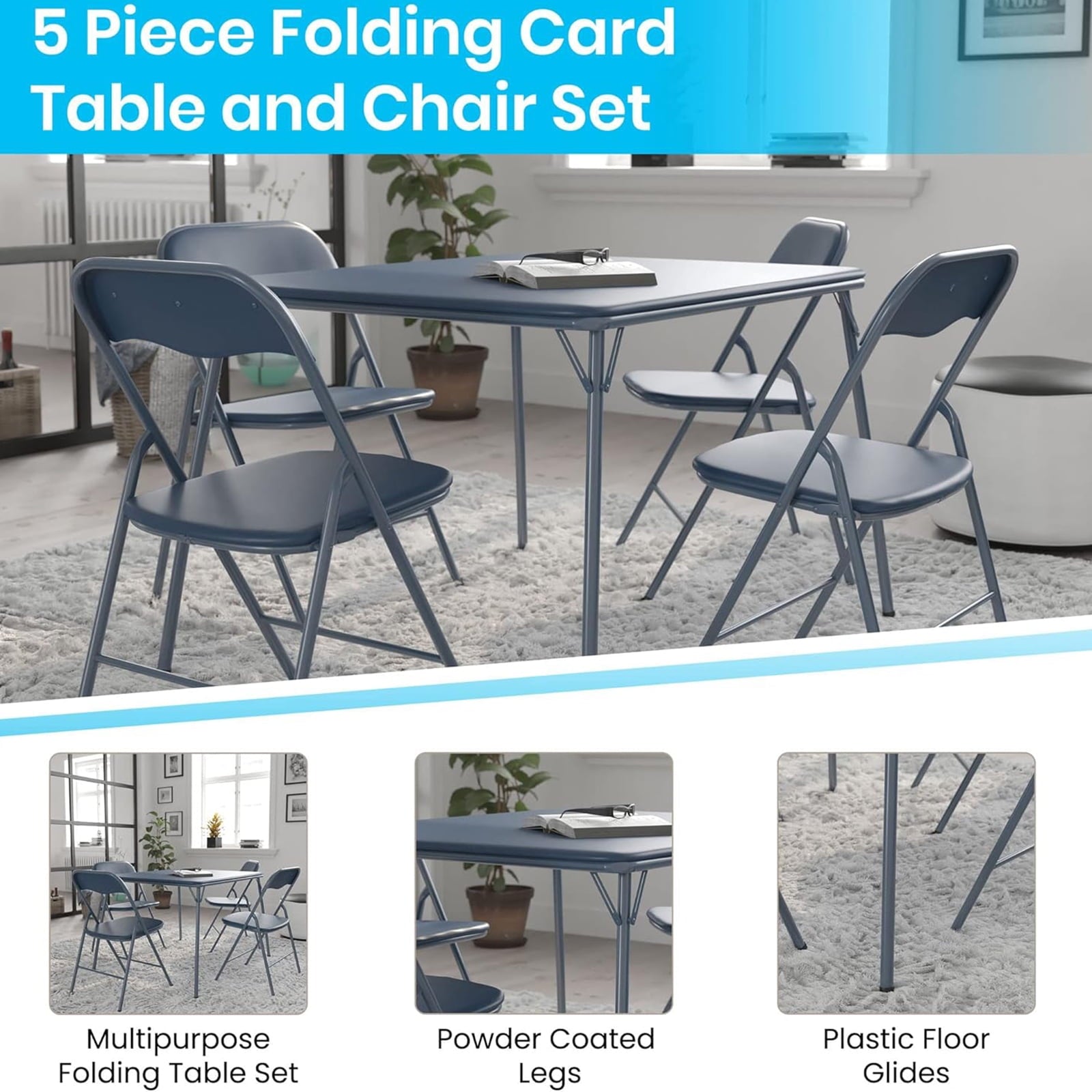 Fenbeli 5-Piece Folding Dining Set with Card Table and 4 Vinyl Padded Chairs, Black