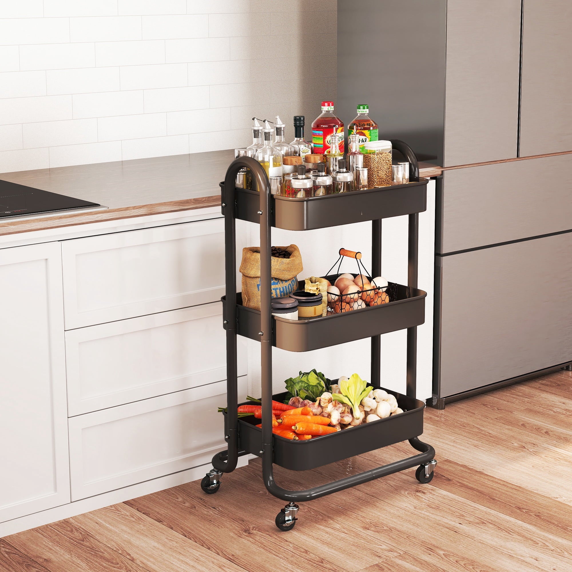 Fenbeli 3-Tier Metal Rolling Utility Cart with Wheels, black, 18L x 13.4W x 31H