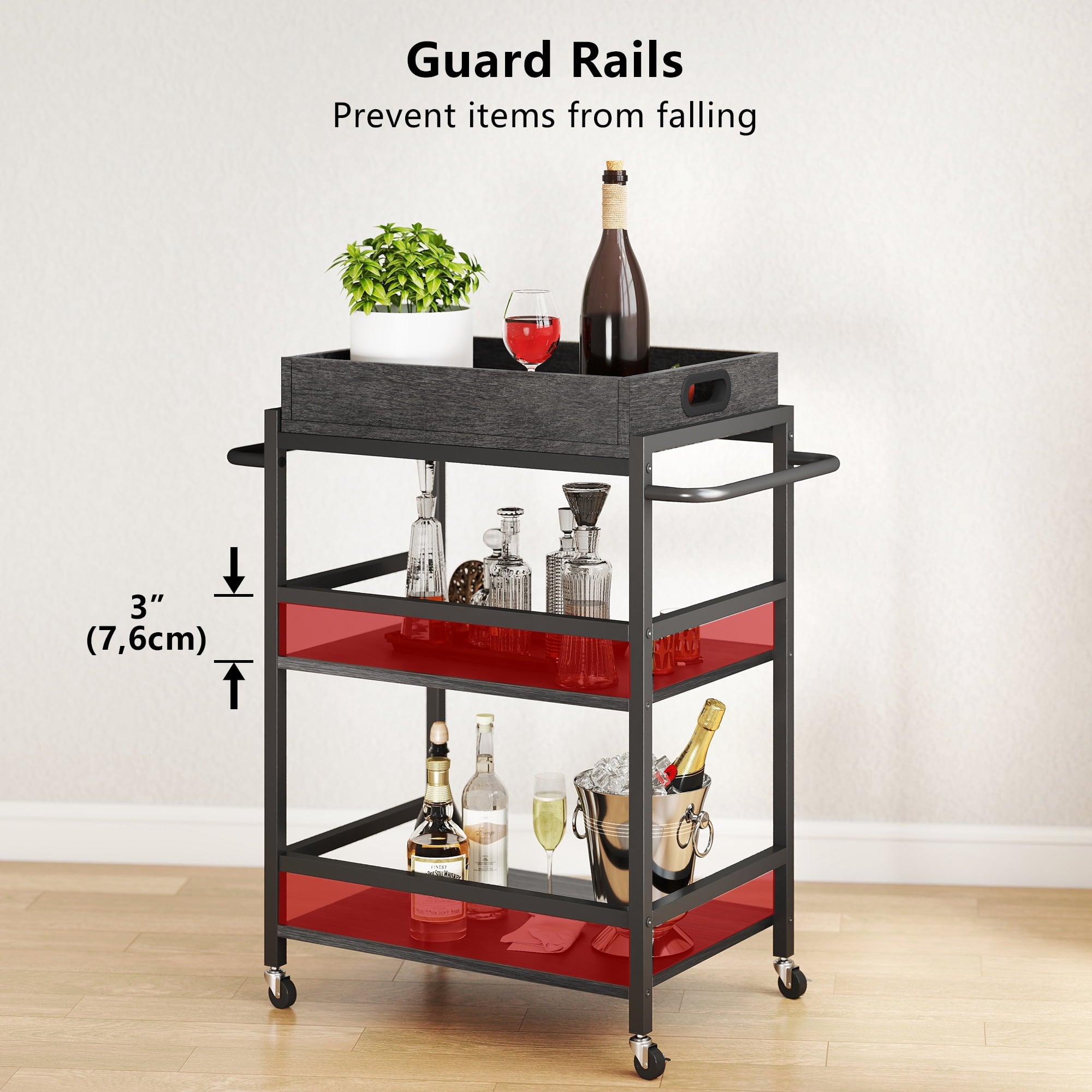 Fenbeli 3-Tier Rolling Kitchen Cart with Removable Wooden Storage Box and Wheels, Gray, 21.9L x 15.8W x 36.2H