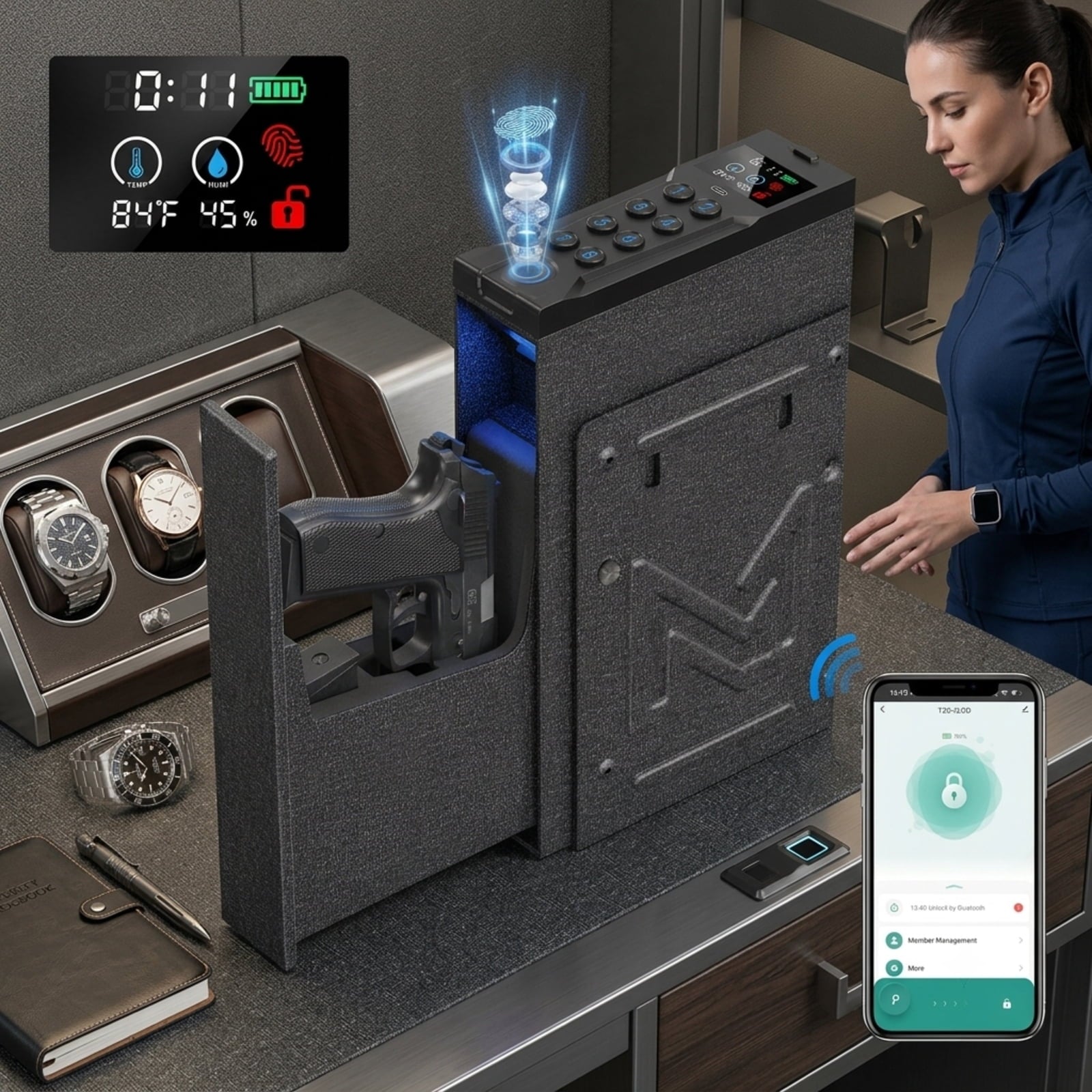 Fenbeli Biometric Security Safe with LCD Display, Fingerprint Keypad Key and Bluetooth Access, Compact Quick-Access Lockbox for Bedside Closet Wall, Black