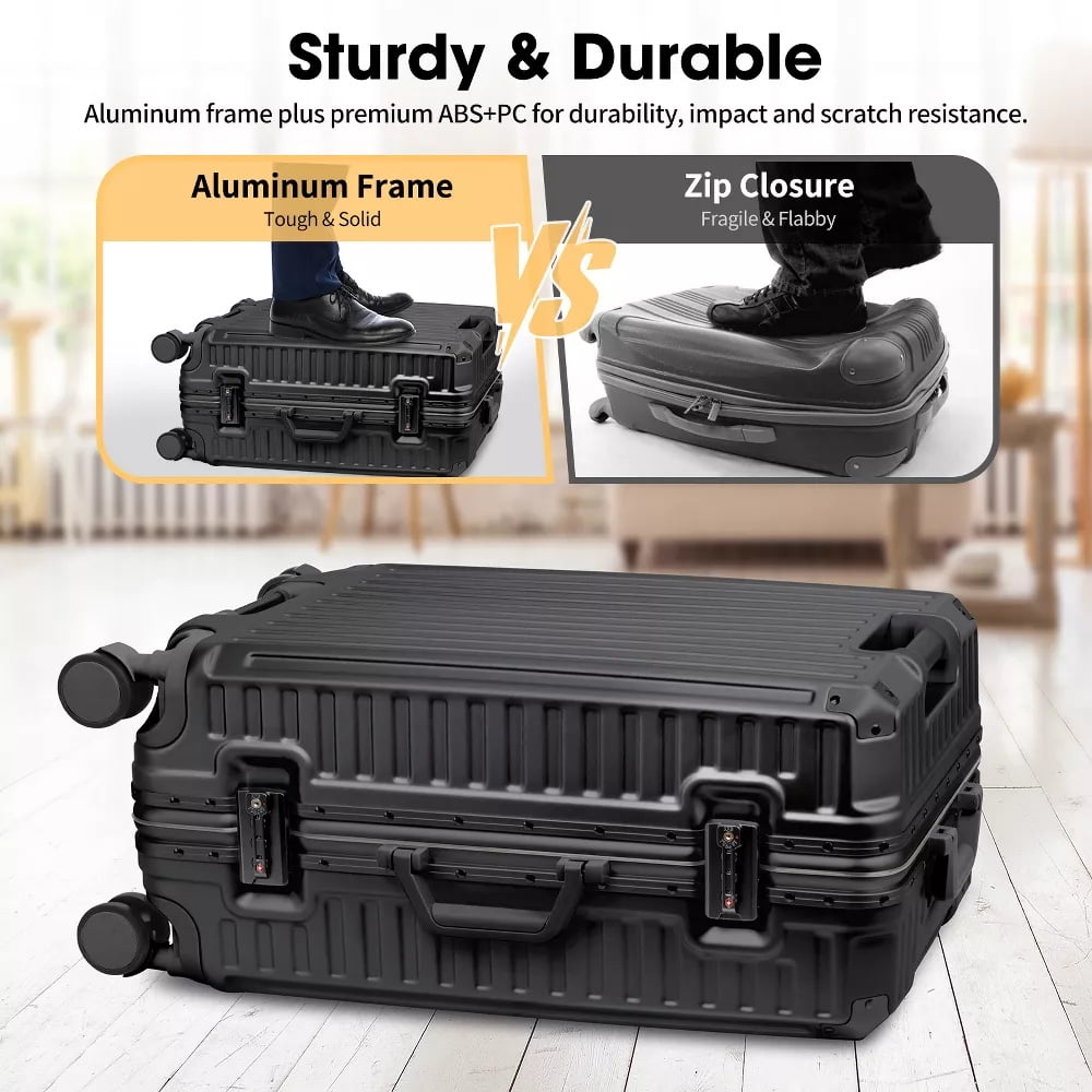 Fenbeli 24 Hardshell Luggage with Cup Holder TSA Locks ABS+PC Suitcases with Spinner Wheels for Travel Aluminum Frame Black
