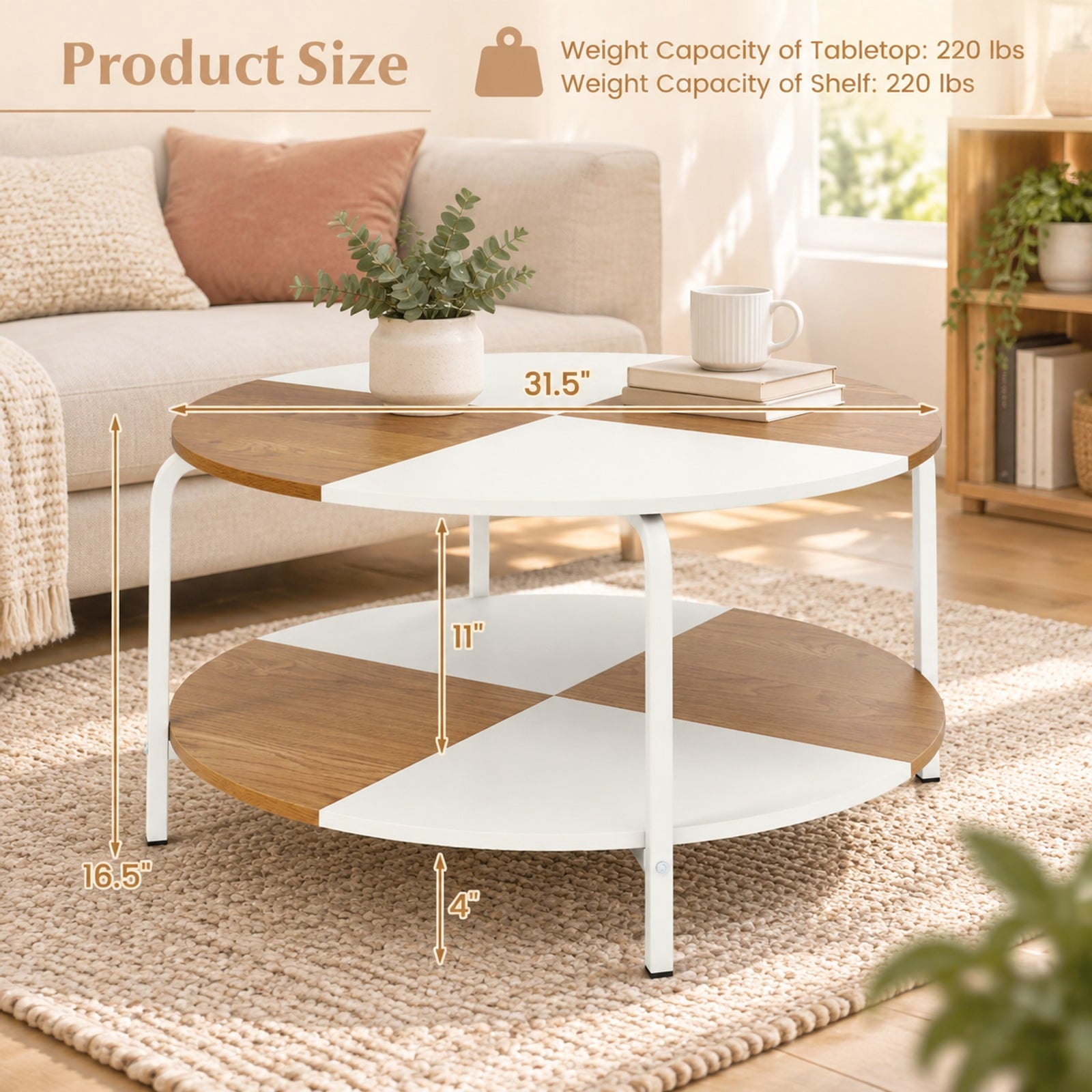 Fenbeli 2-Tier Round Coffee Table Metal Frame with Storage Shelf-Natural and White, 220 lbs Capacity, Engineered Wood Metal Frame, Coffee