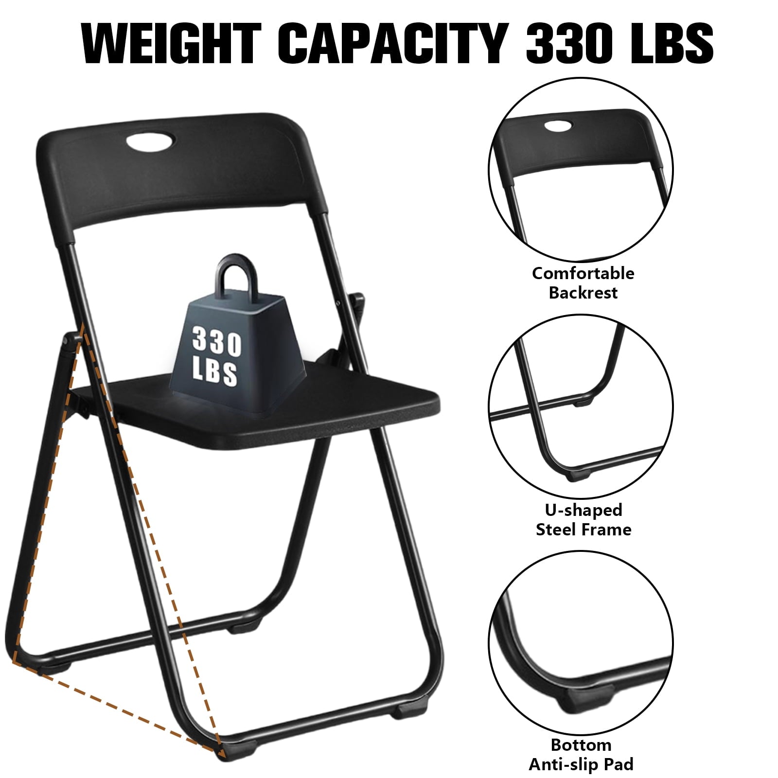 Harigal Black Plastic Folding Chairs 6 Pack, Foldable Stacking Chairs for Outdoor & Indoor, Reinforced Metal Frame, 330LBS Capacity