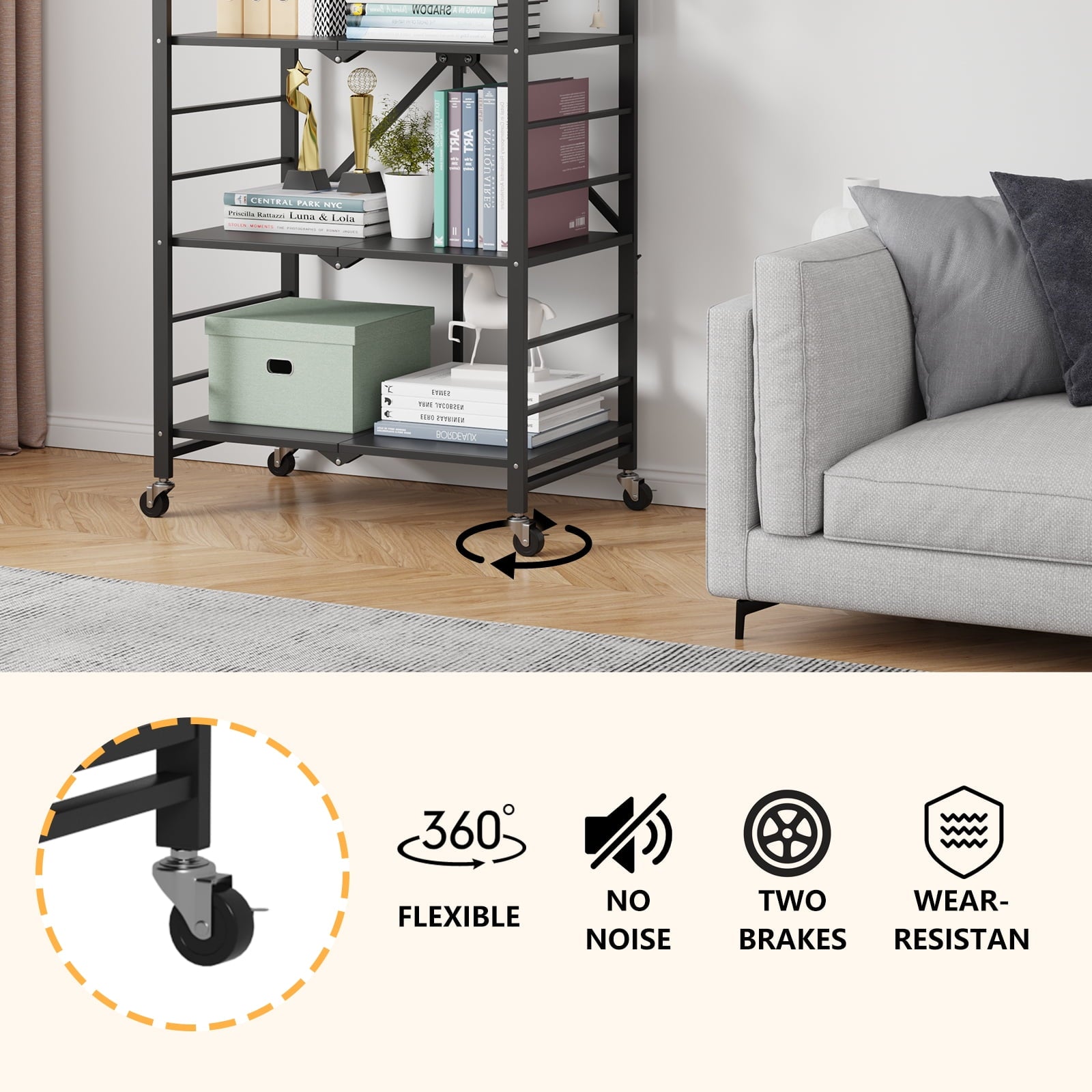 Fenbeli Storage Shelves,4-Tier Foldable Metal Wire Storage Shelf with Wheels, Heavy Duty Organizer Rack for Garage, Kitchen, Closet, Black