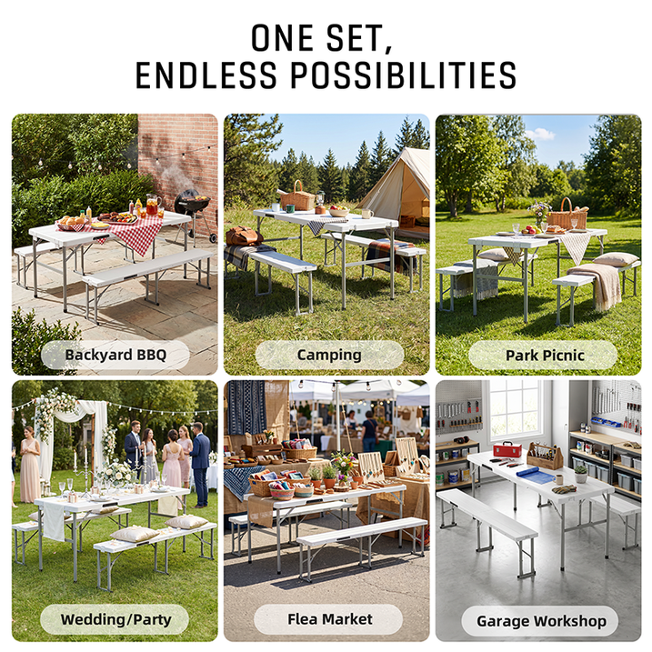 Fenbeli Folding Picnic Table with 2 Benches Portable Picnic Table Set for Camping Outdoor Patio Dining, White