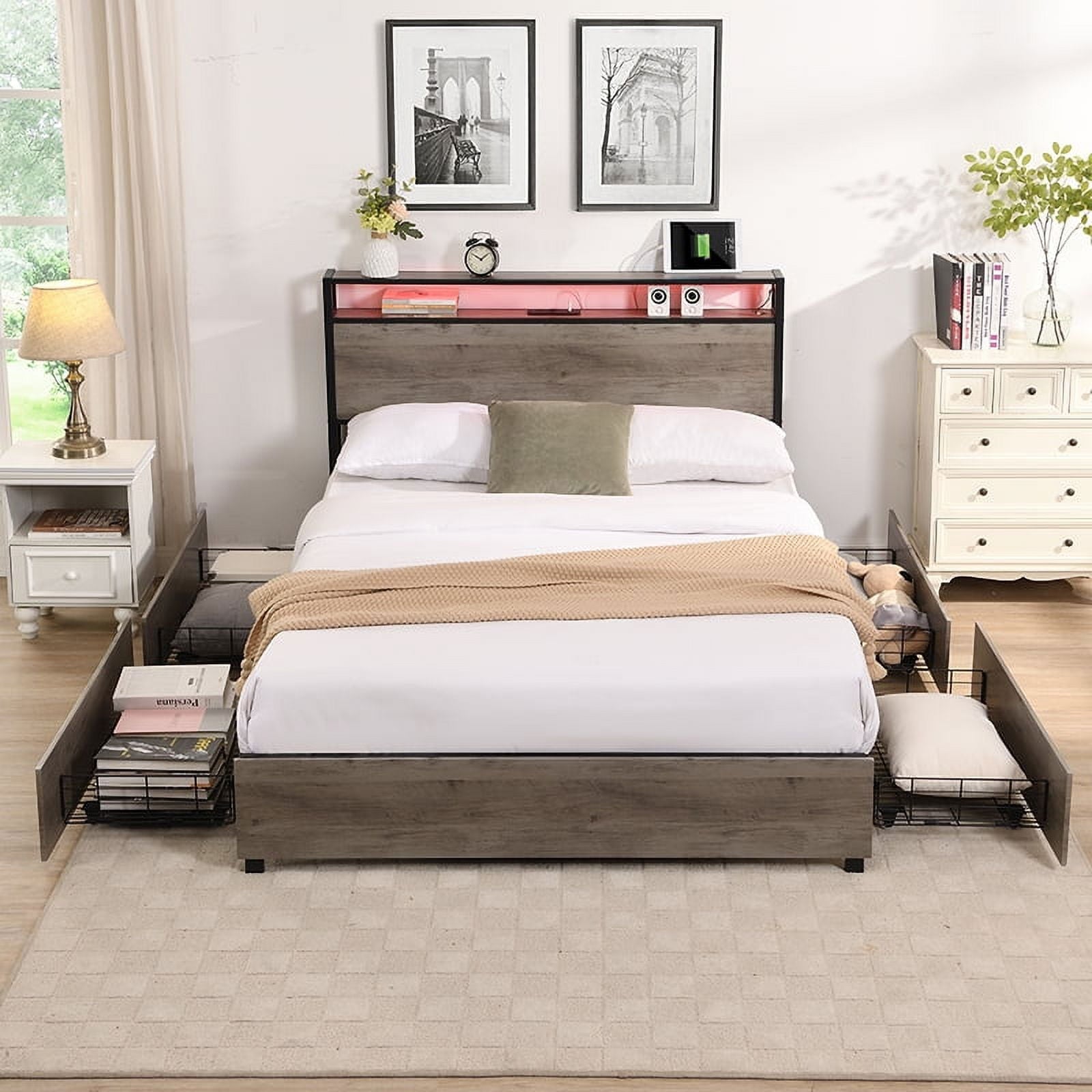Furnibear Queen Bed Frame with USB Charging Station and Storage Headboard, Heavy-Duty Shake-Free Platform, No Box Spring Needed, Easy Tool-Free Assembly, Gray