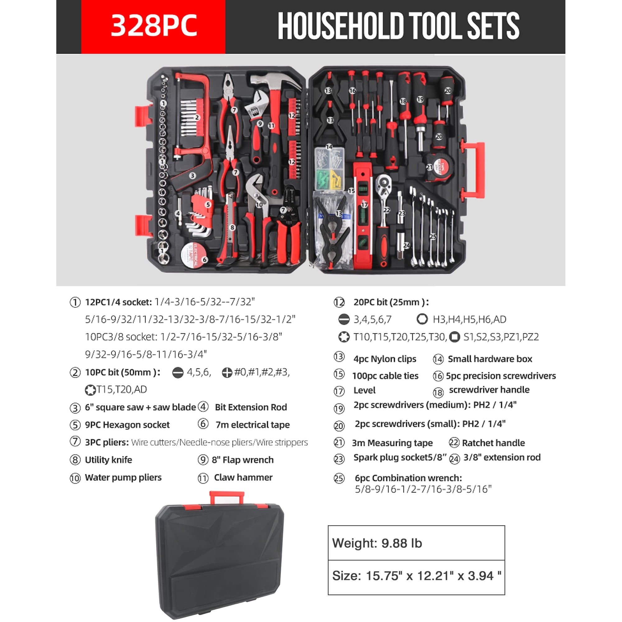 Fenbeli 328 Piece Home Tool Kit, Household Hand Tool Set with Portable Carrying Case, General Home/Auto Repair Tool Set for Men Women