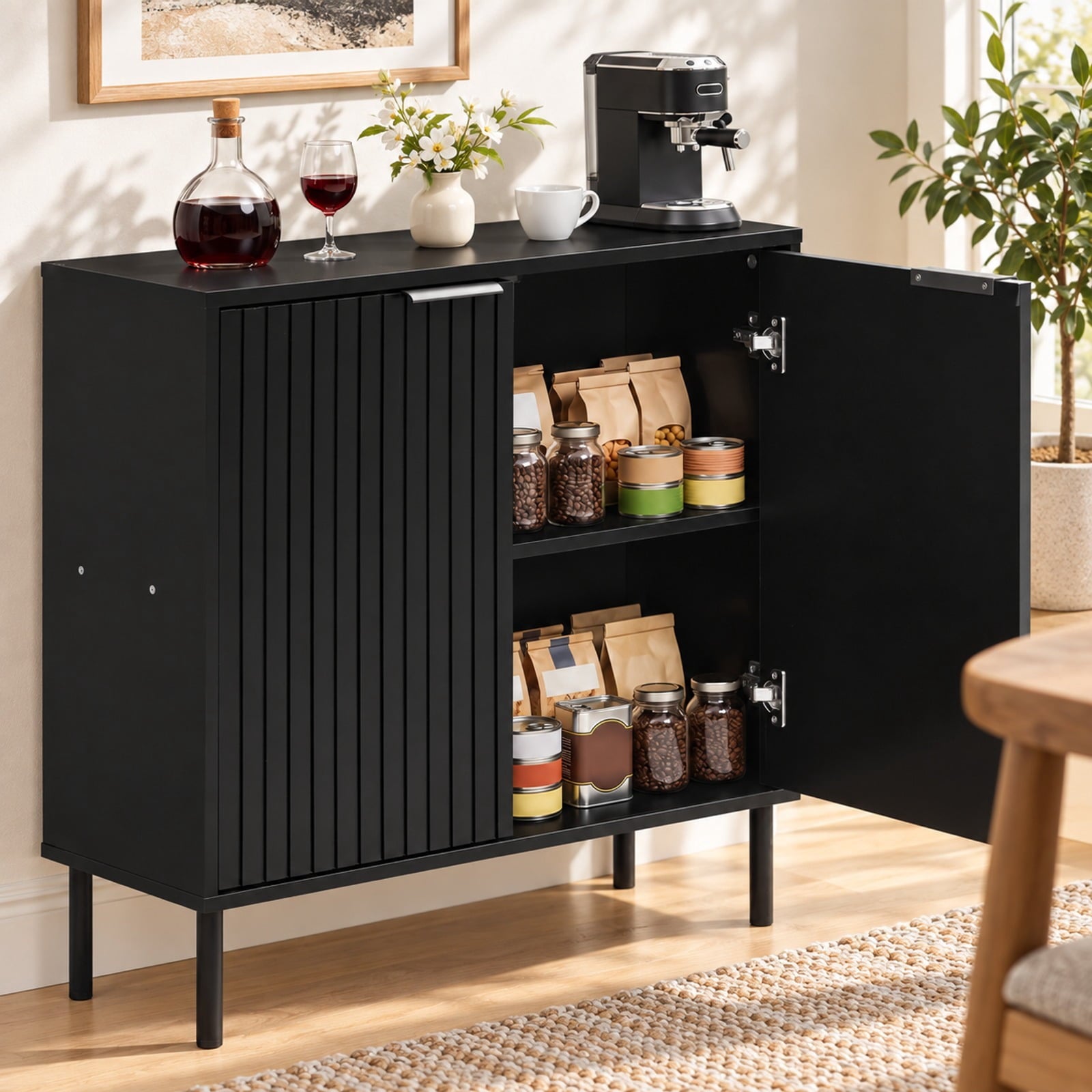 Fenbeli Fluted Buffet Cabinet with 2-Door Sideboard for Kitchen and Dining Room, Black, Metal legs provide strong and reliable support